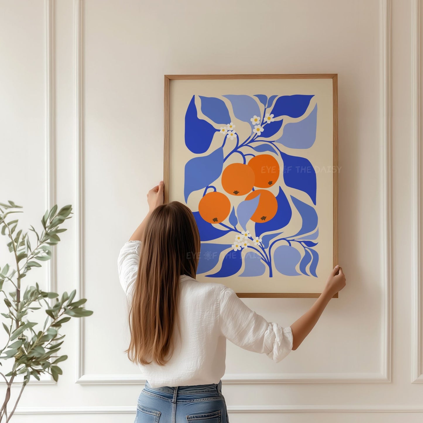 Contemporary abstract orange tree poster in vibrant royal blue &orange – dopamine botanical print for Mediterranean decor
