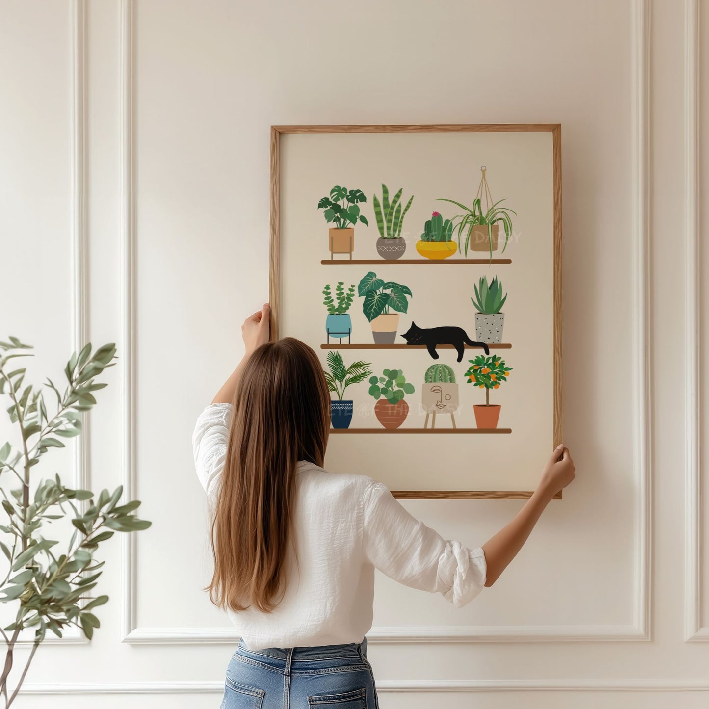 Black cat and houseplants on shelf print – digital download, whimsical printable wall art for boho or eclectic interiors