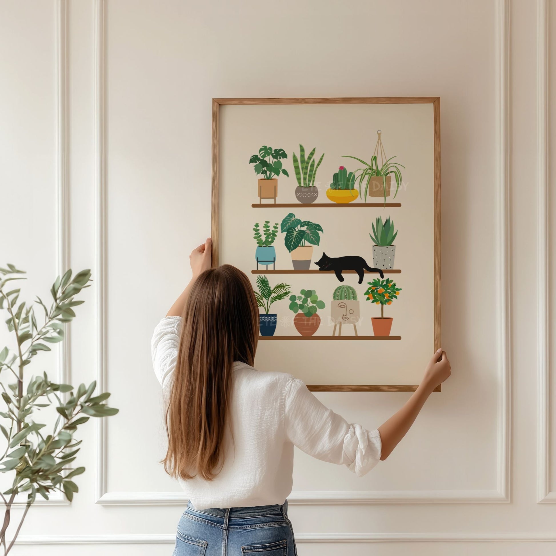 Black cat and houseplants on shelf print – digital download, whimsical printable wall art for boho or eclectic interiors