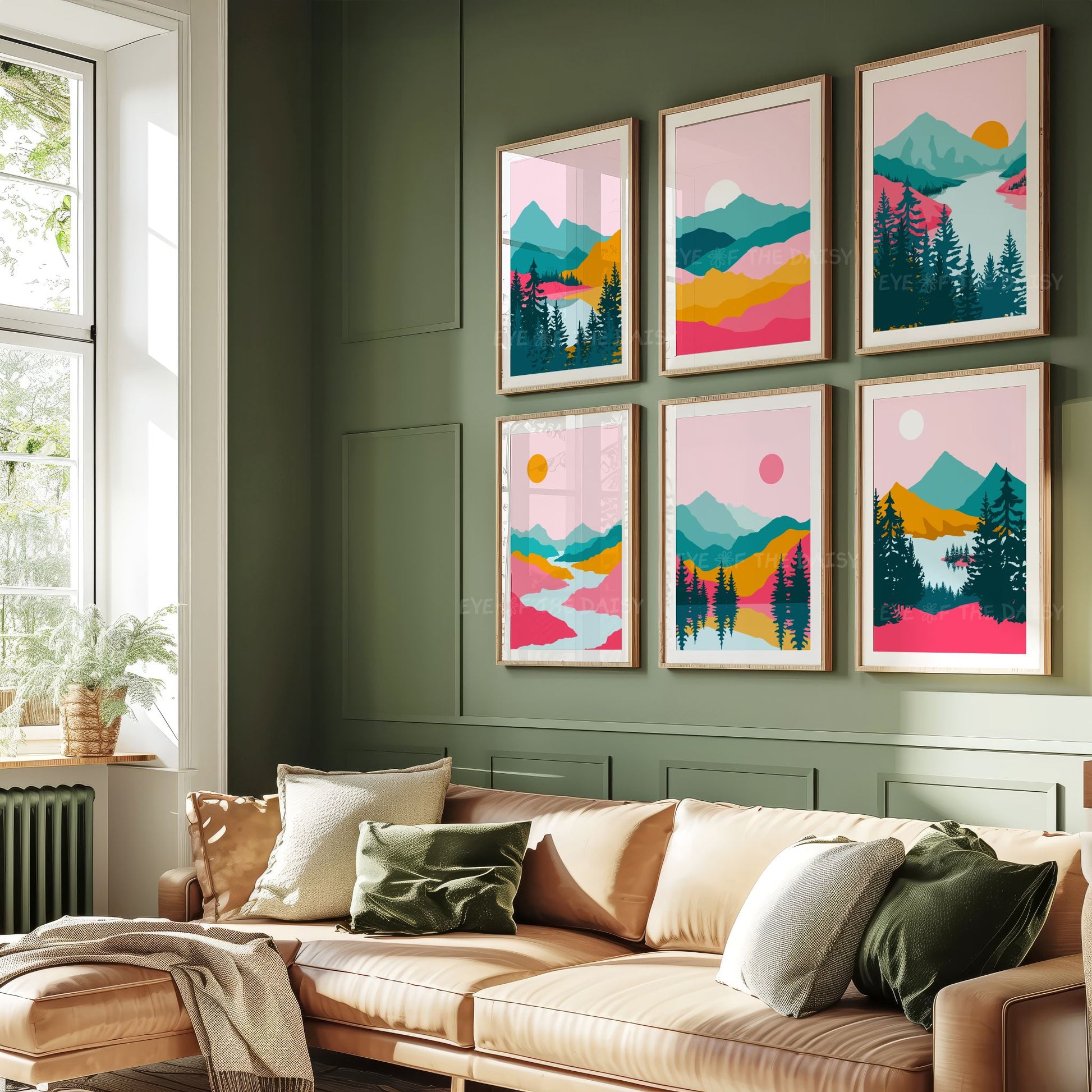 Set of 6 retro abstract landscape prints – bright mid-century style wall art, downloadable for beach house or vacation rental decor