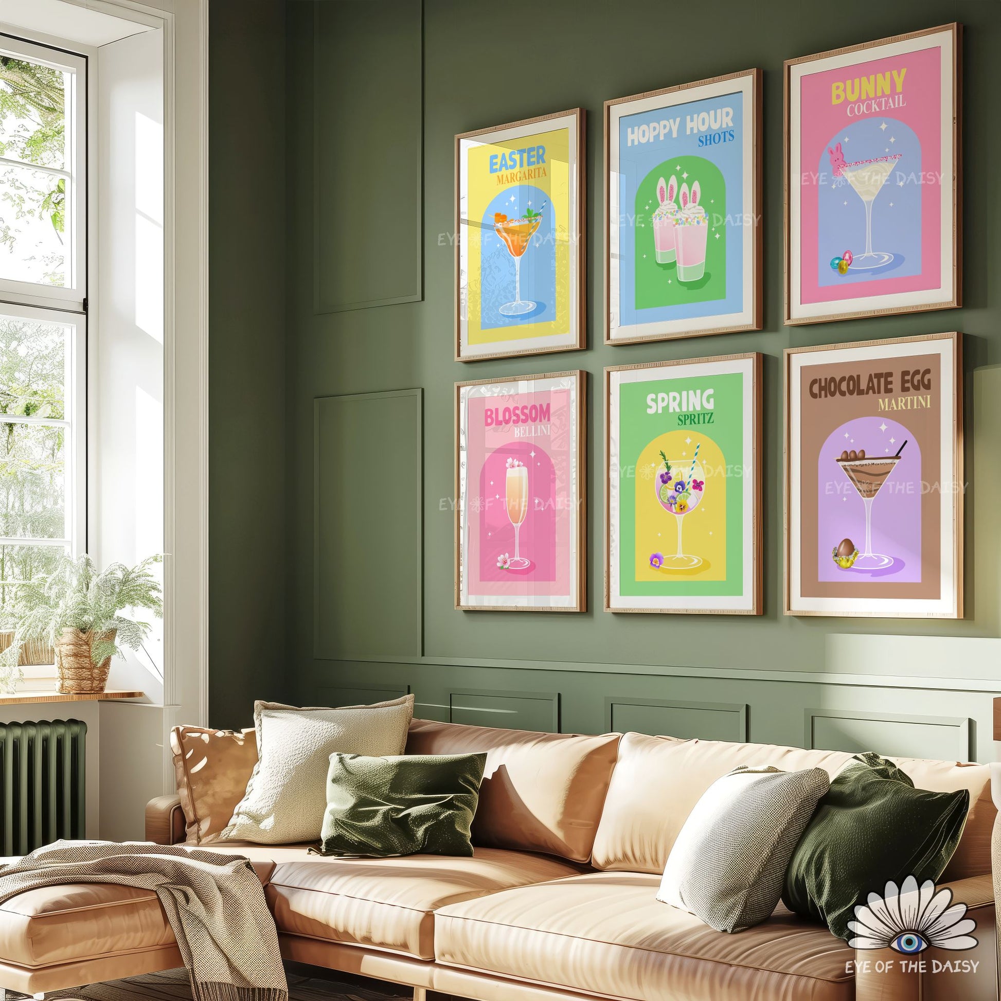 Spring and Easter cocktail poster bundle, whimsical printable wall art for Easter home bar decor