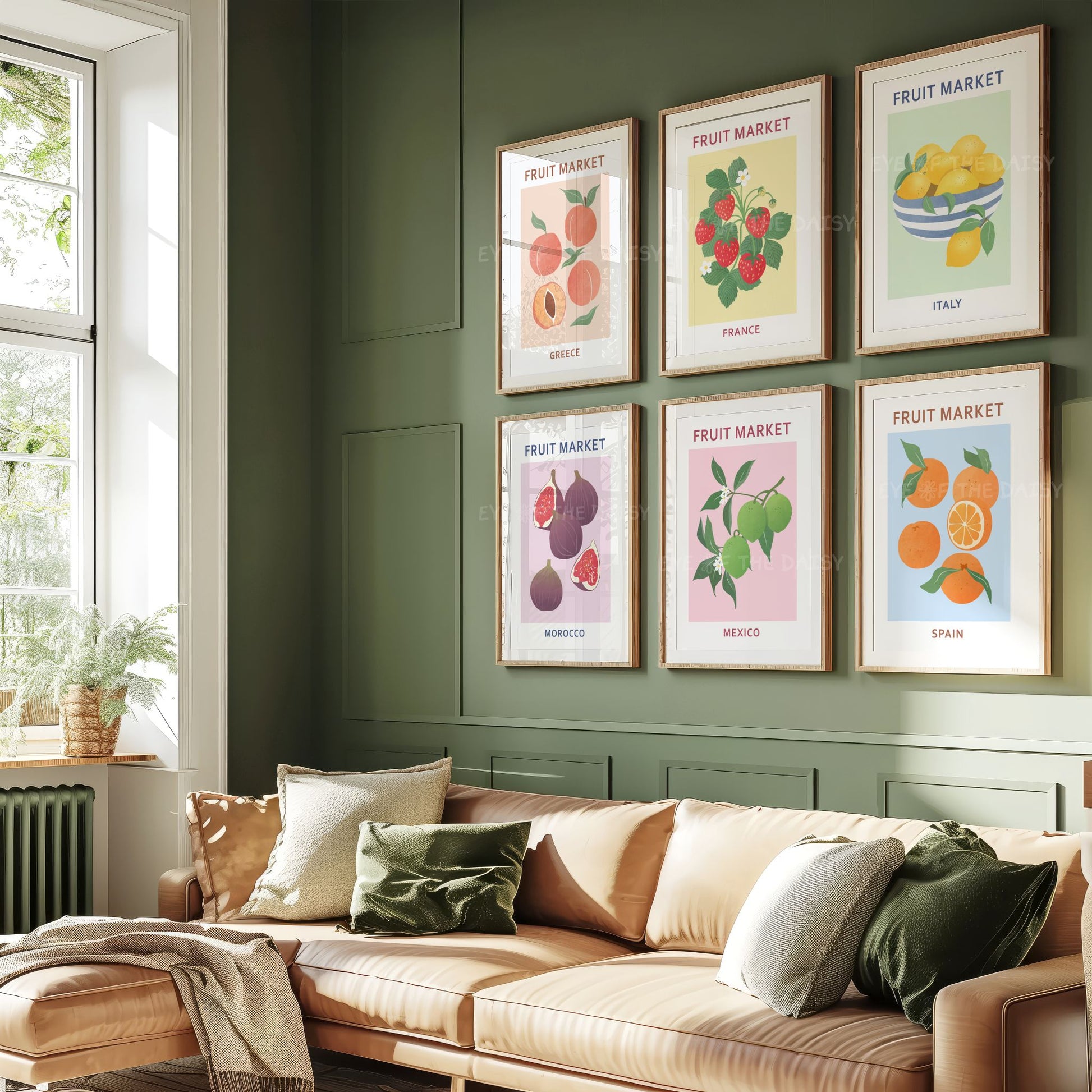 Fruit Market wall print set — vibrant yet sophisticated digital art prints for modern Mediterranean kitchen or upscale vacation rental decor