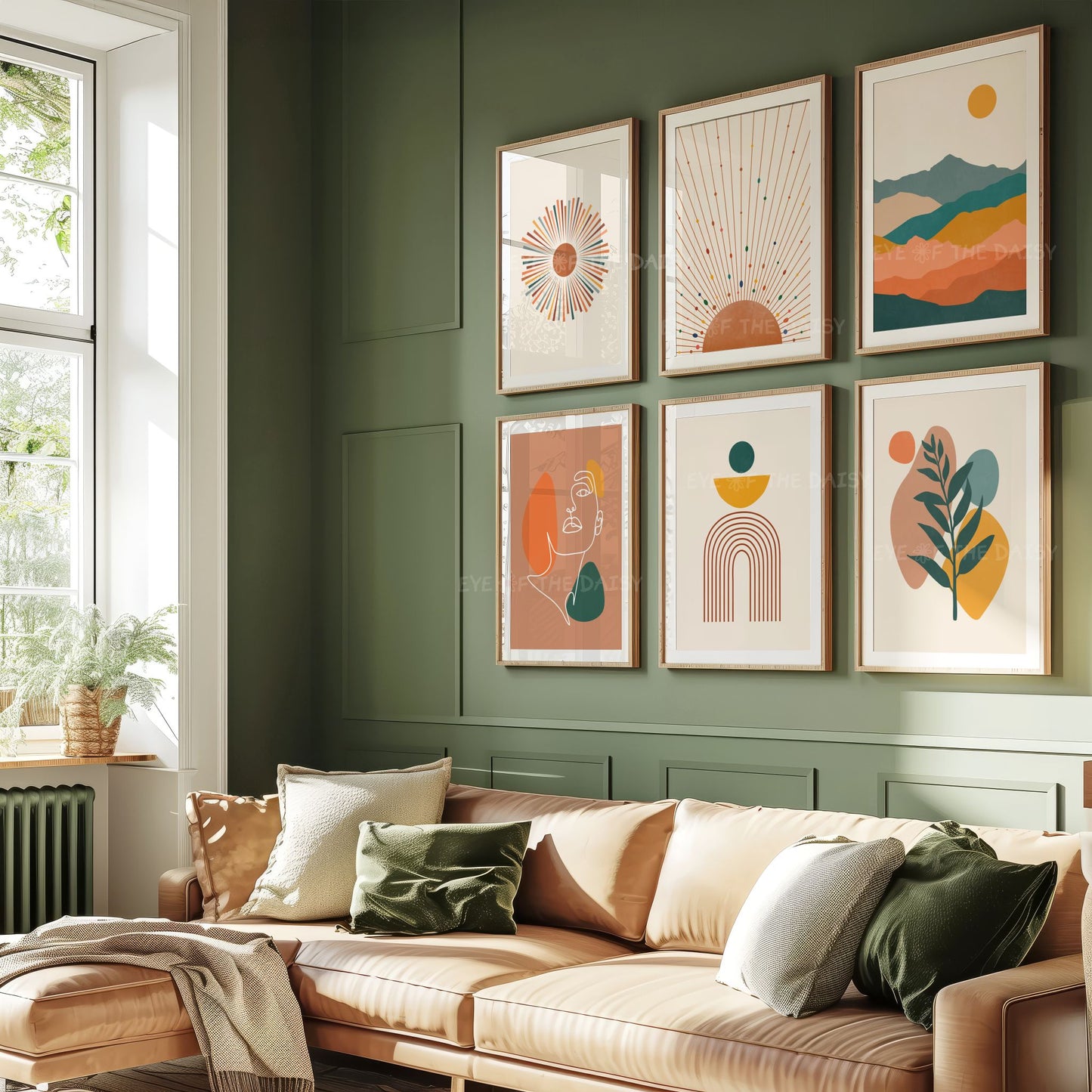 6 piece set of boho posters in terracotta, mustard, burnt orange, teal and beige, with shape, abstract botanical and sun, great for rental decor