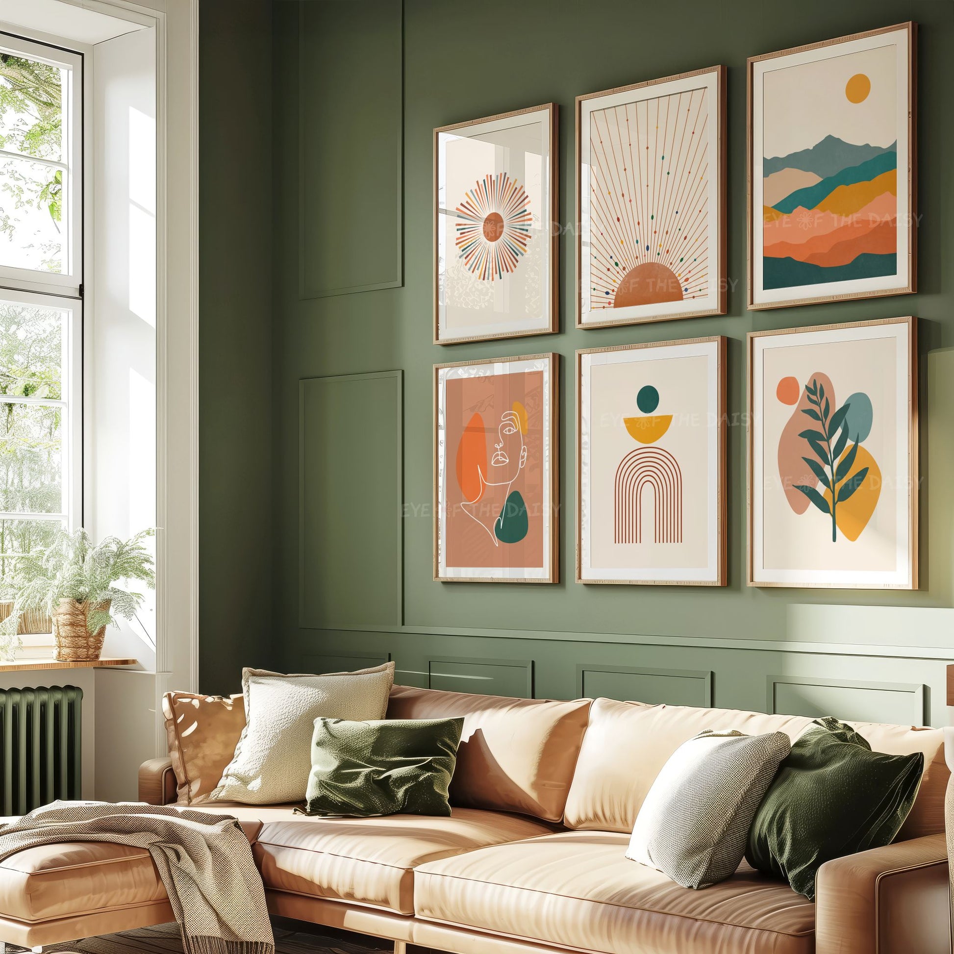 6 piece set of boho posters in terracotta, mustard, burnt orange, teal and beige, with shape, abstract botanical and sun, great for rental decor