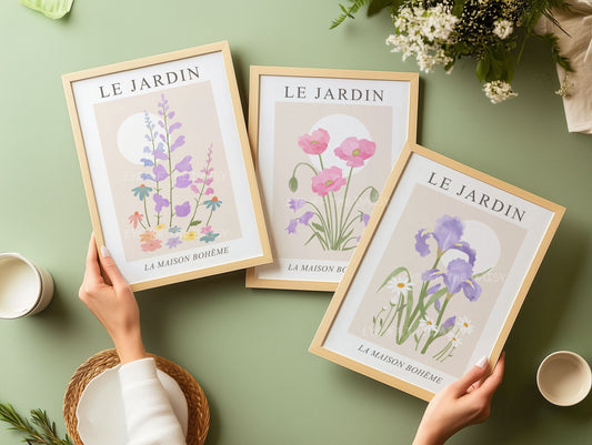 Pastel floral print set of 3 – Le Jardin botanical wall art with soft pink, lilac, and beige tones, perfect for a warm, boho chic space