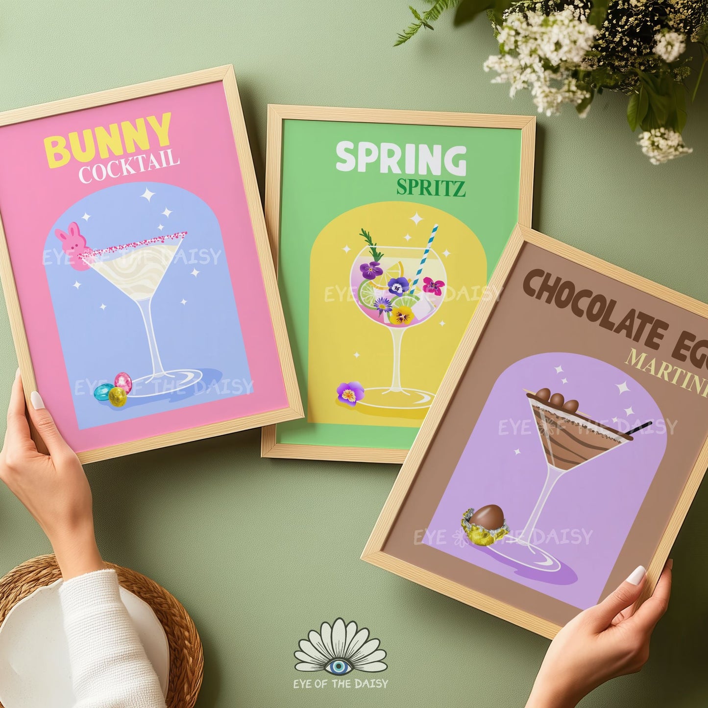 Colourful retro Easter cocktail printable wall art set of 3, whimsical bar cart decor Easter drink prints