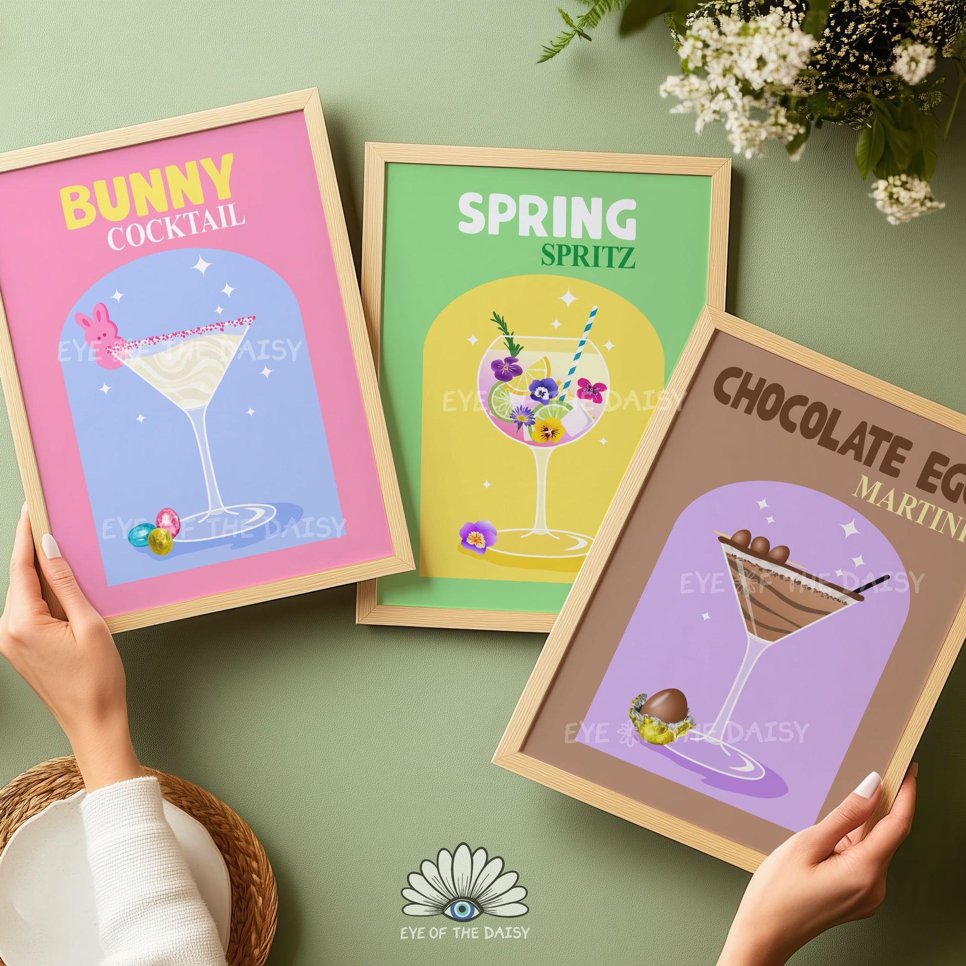 Colourful retro Easter cocktail printable wall art set of 3, whimsical bar cart decor Easter drink prints