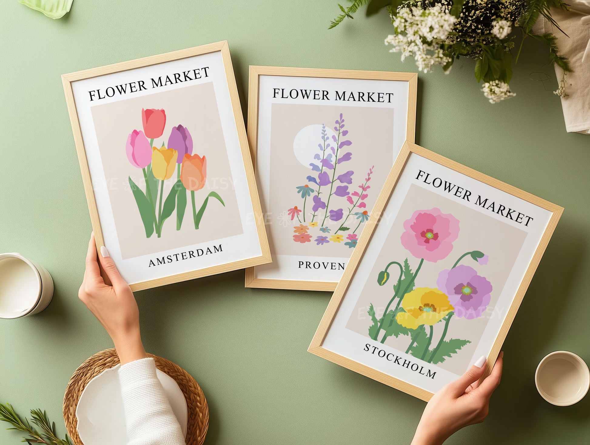 Three wall prints of colourful floral designs titled 'Flower Market', digital download DIY wall decor