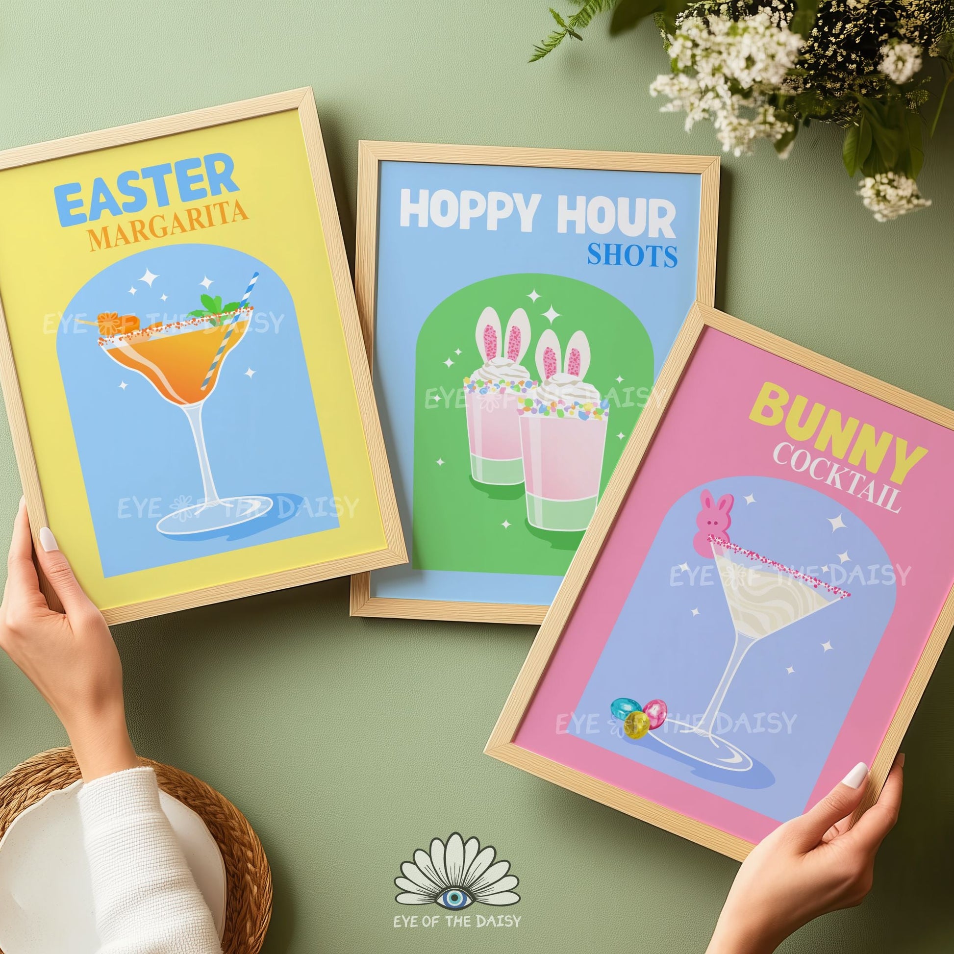 Whimsical spring cocktail printable wall art, Easter party signature drink décor bundle