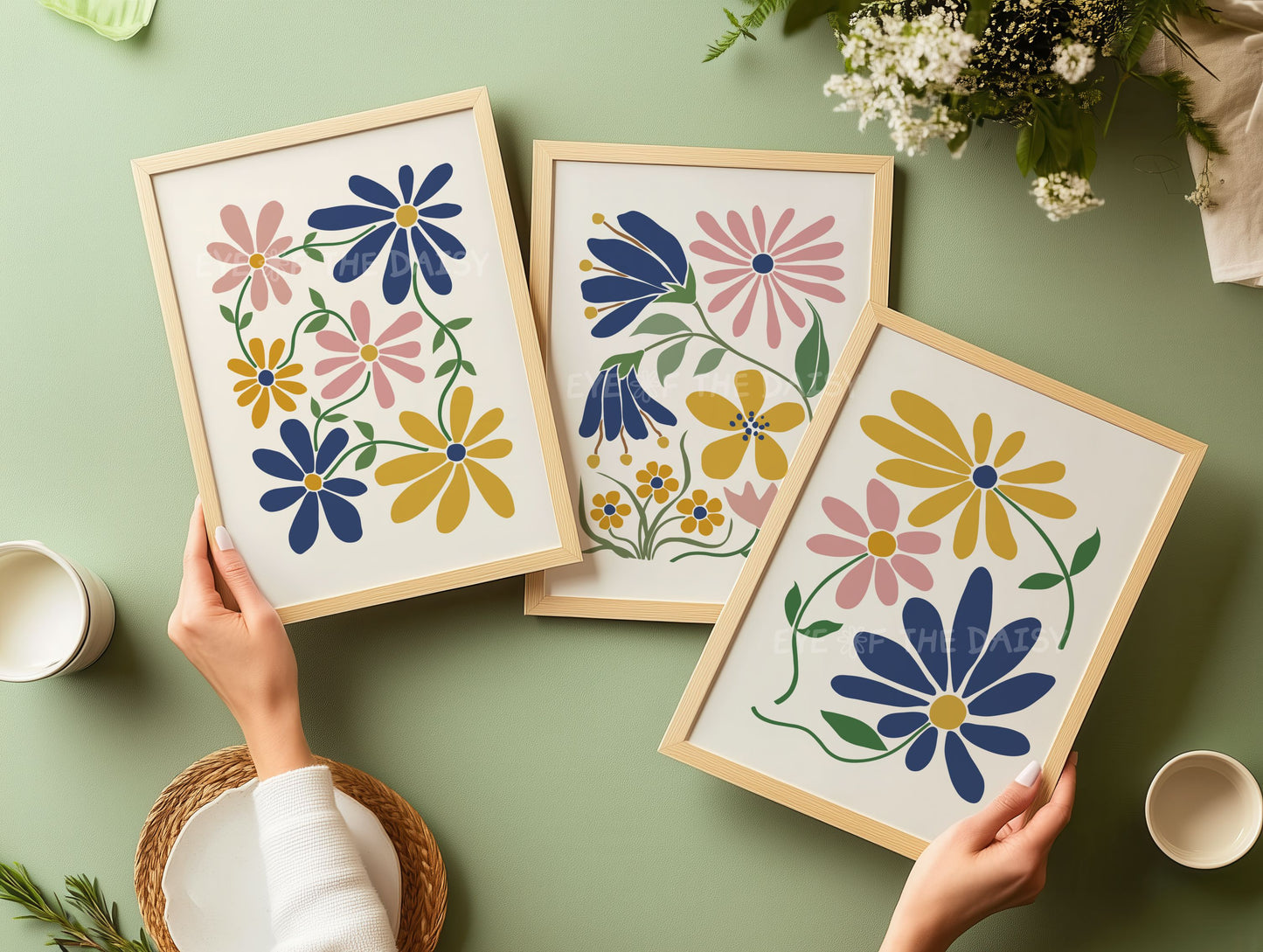 Abstract botanical set of 3 floral prints in muted colours mustard yellow, navy blue and blush pink flowers on beige