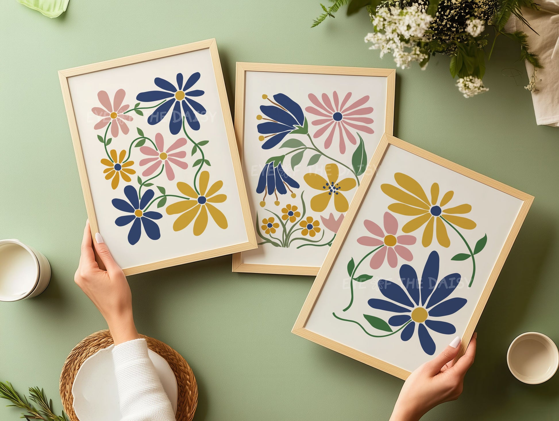 Abstract botanical set of 3 floral prints in muted colours mustard yellow, navy blue and blush pink flowers on beige