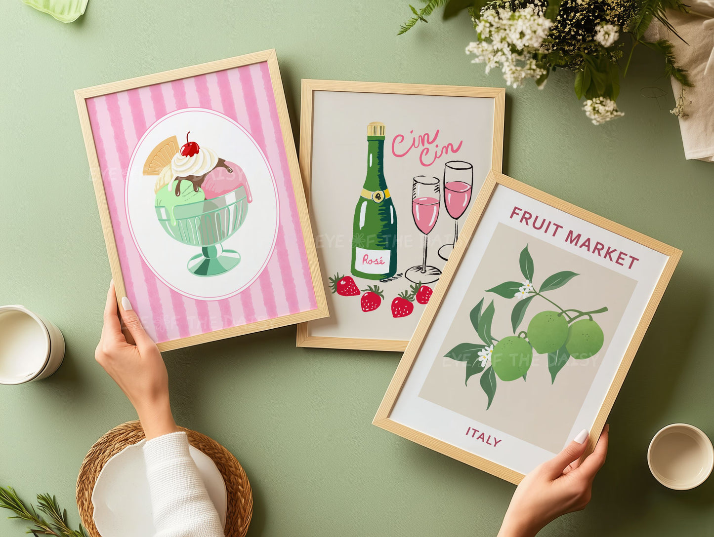 Italian printable wall art set of three, one is a vintage style hand drawn gelato print with pink striped border, a Cin Cin print and a lime fruit market print