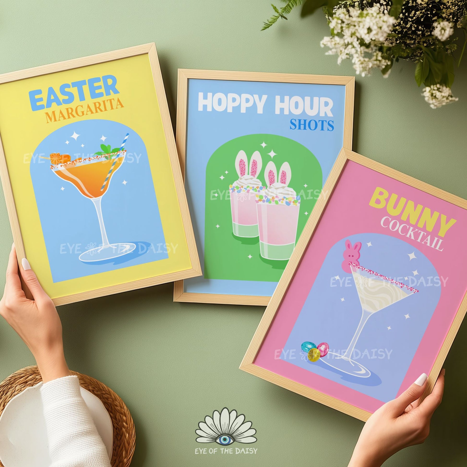 3-piece Easter bar cart printable, colourful whimsical Easter cocktail posters for Easter party