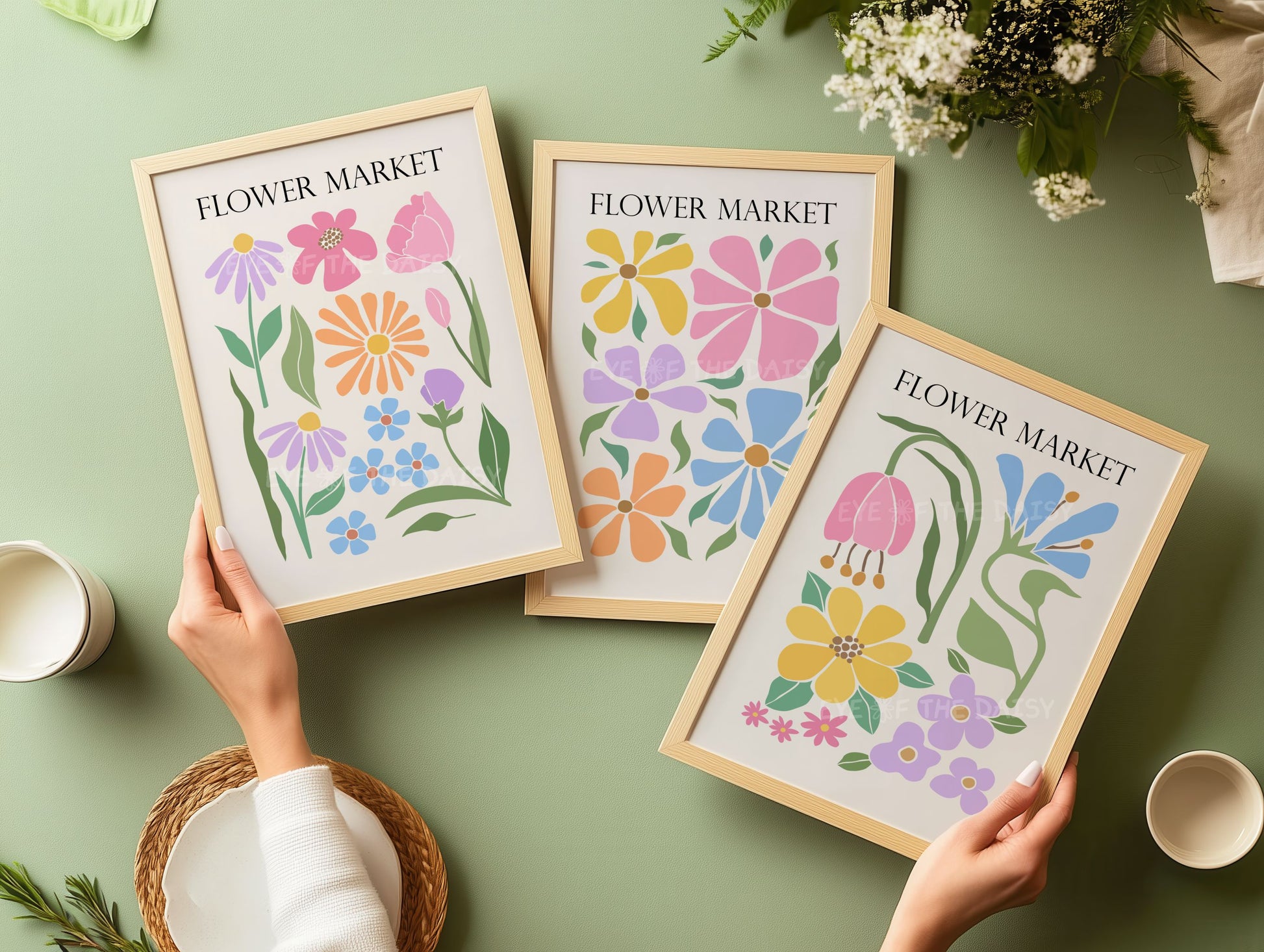 Flower Market pastel wall art set – set of 3 prints with rainbow floral cut-outs, digital download decor for trendy modern apartment