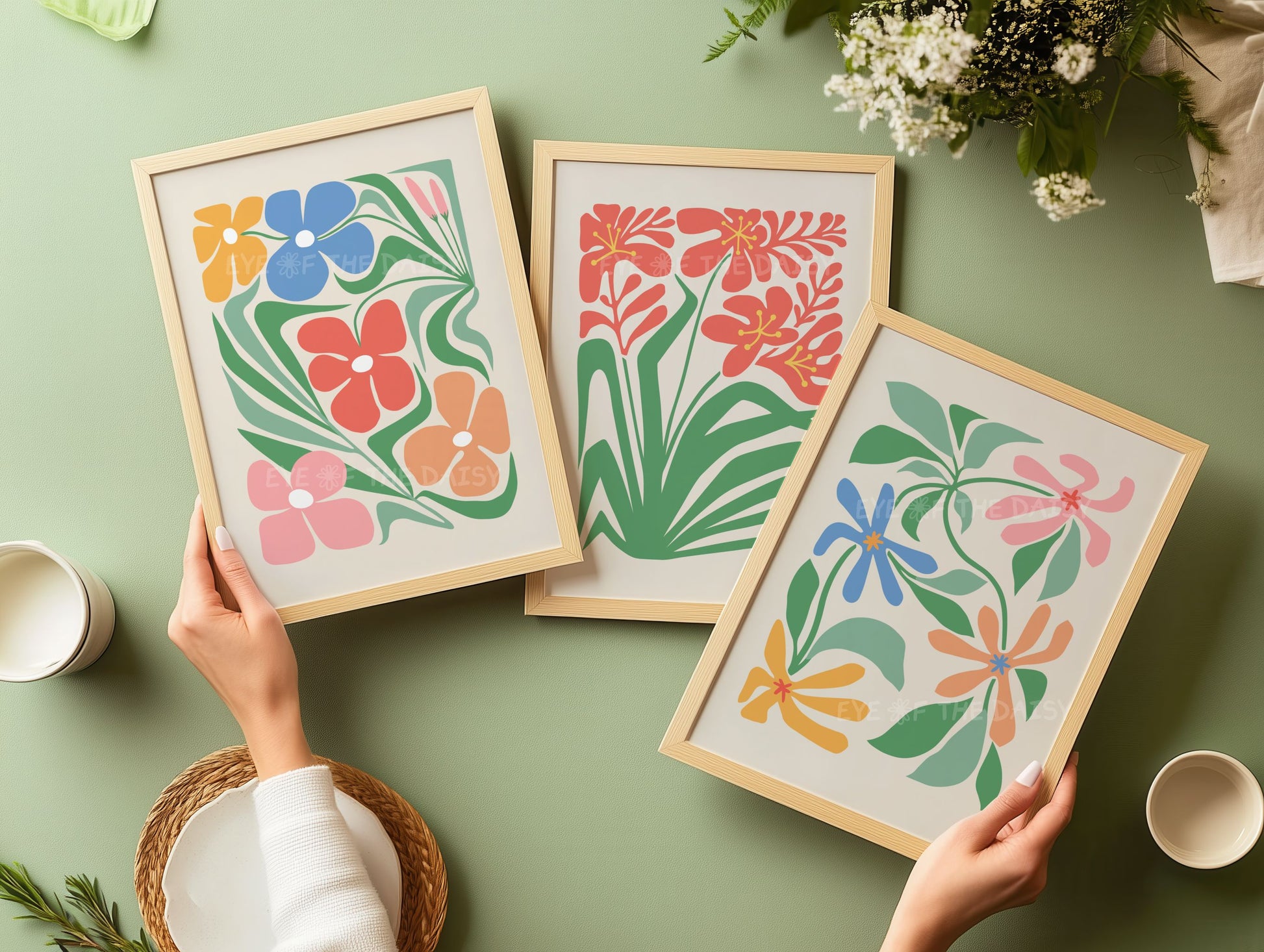 Abstract botanical flower print set of 3 in mustard yellow, blue, red and blush pink, downloadable gallery wall decor for modern homes