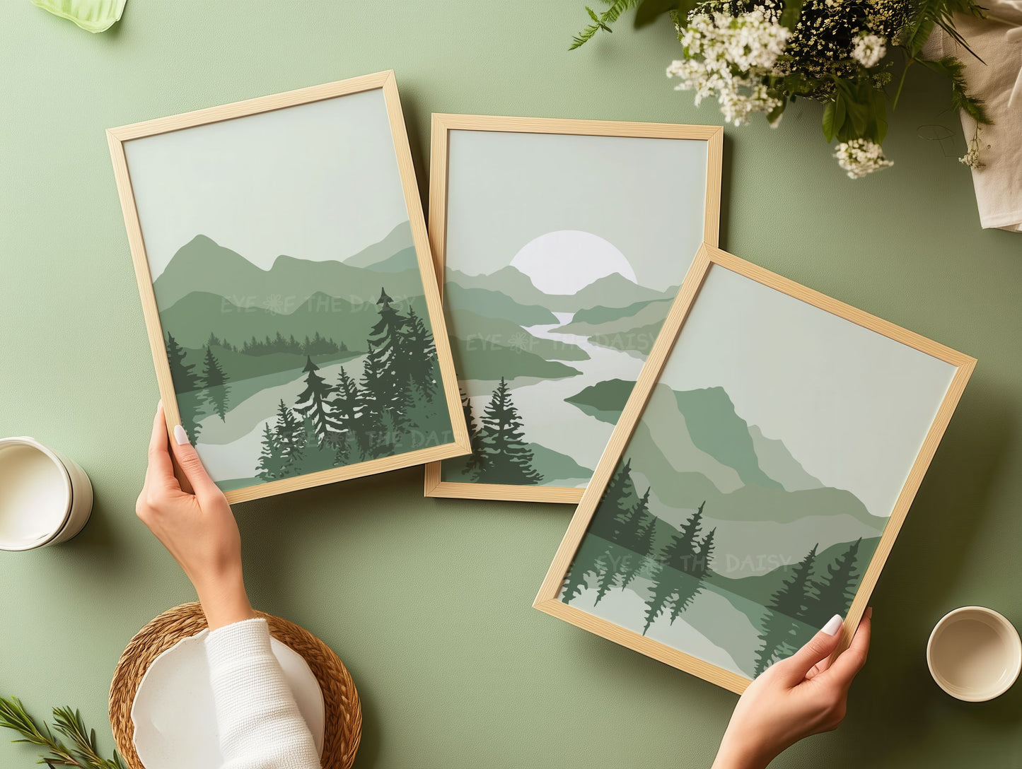 Set of 3 sage green mountain printable wall art prints in boho mid century modern continuous landscape style