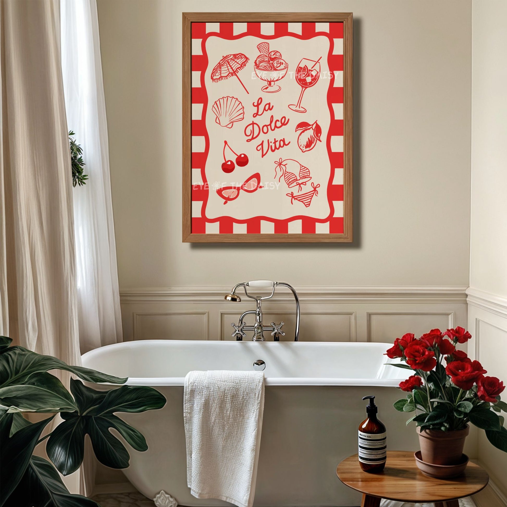 Hand drawn La Dolce Vita digital art print – trendy red Italian summer icons in a sketch style, wall print for DIY decor