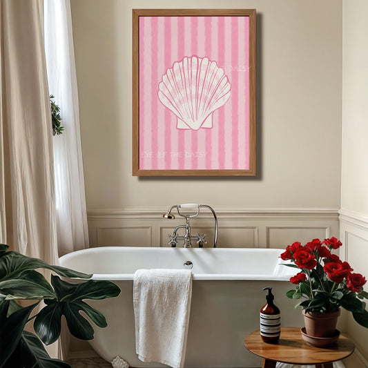 White shell on vintage pink striped print digital download – coastal cowgirl wall decor for coquette dopamine bathroom decor