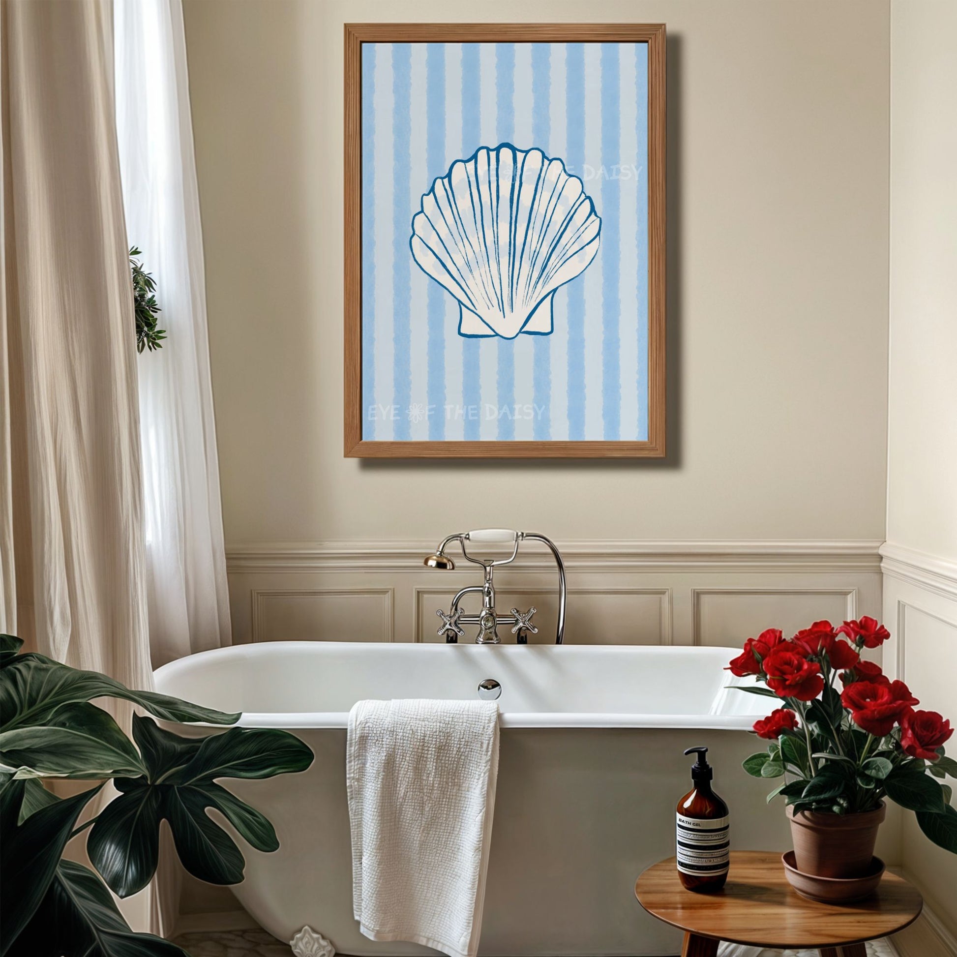 Vintage coastal digital art print of white hand drawn shell on light blue stripes – modern Hamptons or beach rental wall decor