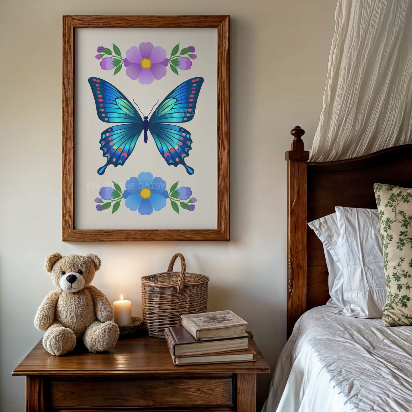 Framed butterfly artwork in a vintage cottagecore style bedroom, makes a lovely butterfly gift