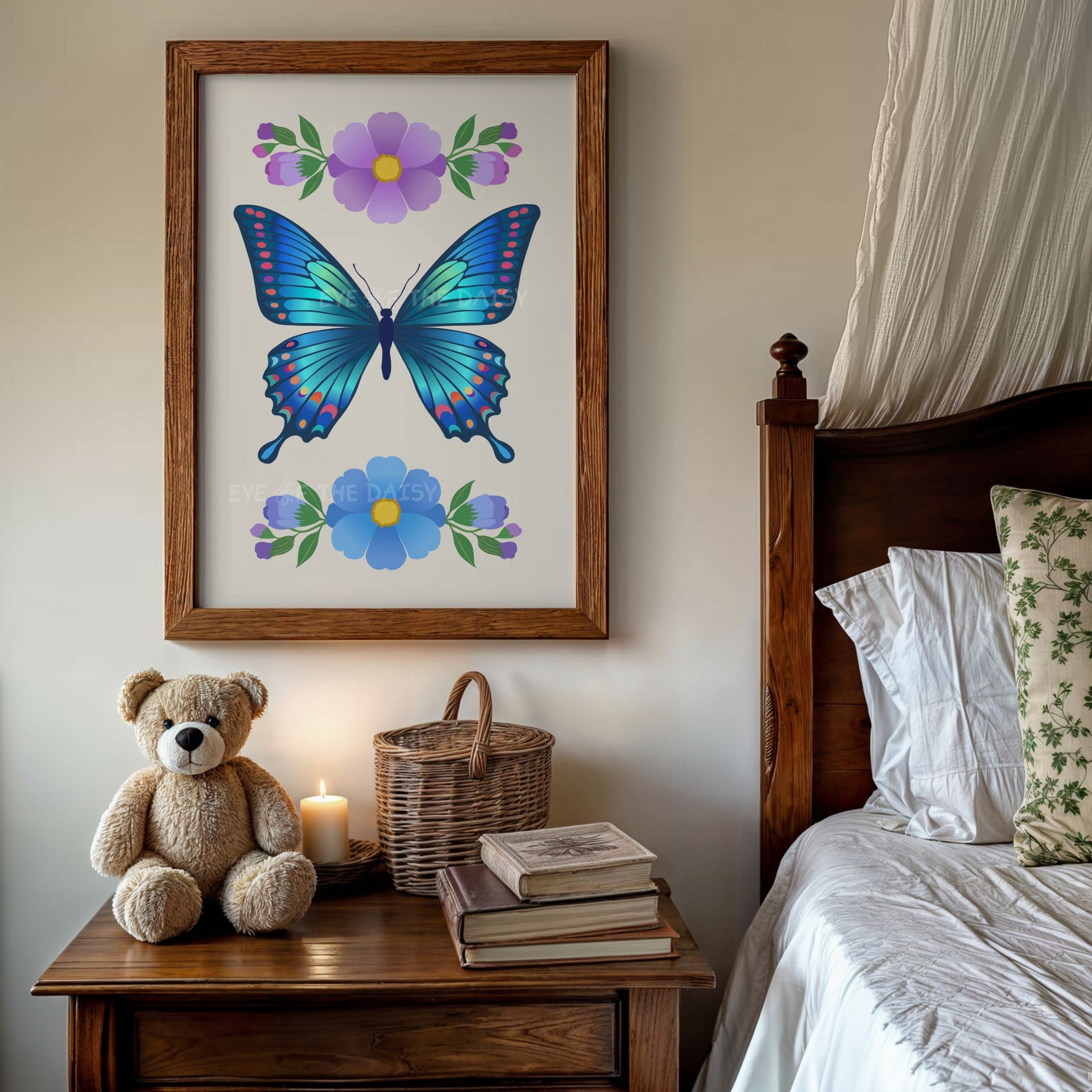 Framed butterfly artwork in a vintage cottagecore style bedroom, makes a lovely butterfly gift