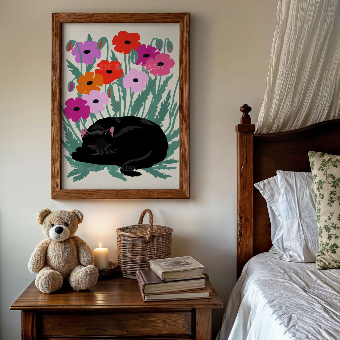 Sleeping black cat in poppy field print, vintage cat flowers bedroom wall art, printable poster perfect for cat lovers