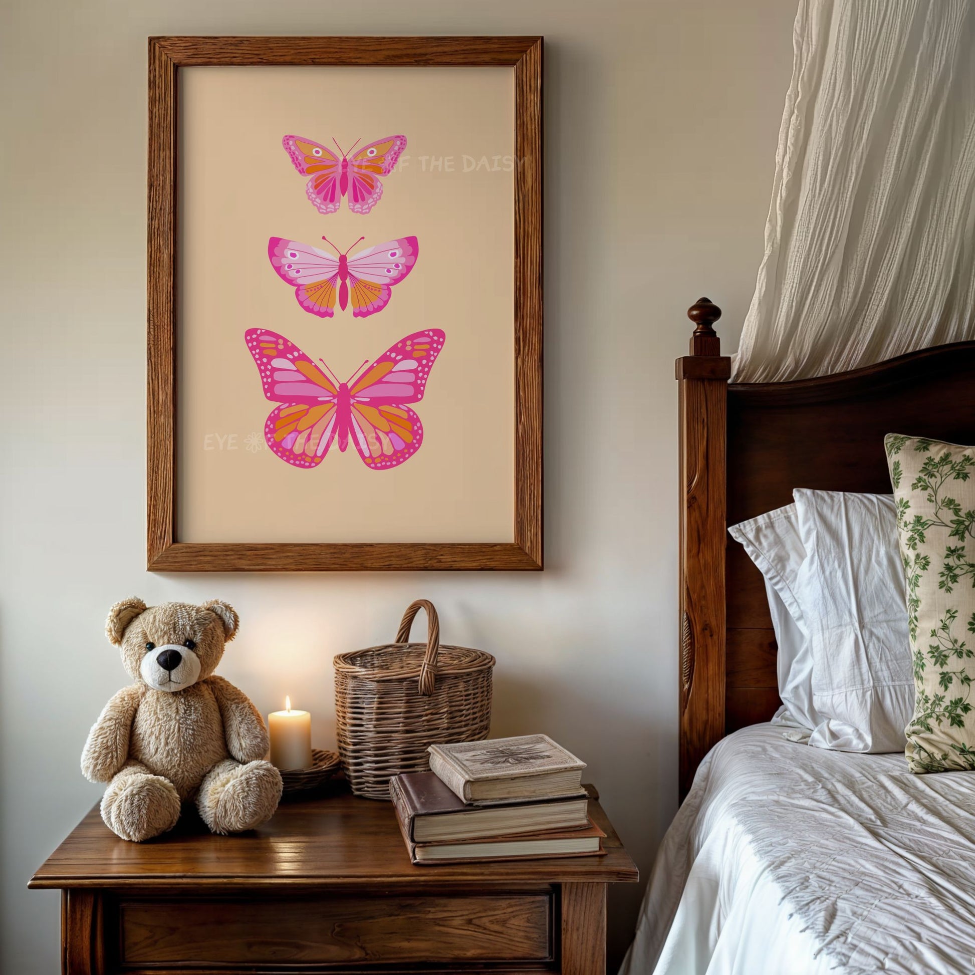 Vibrant printable butterfly wall art in bold pink and orange, cute retro poster for toddler girl’s or teen girl’s bedroom decor