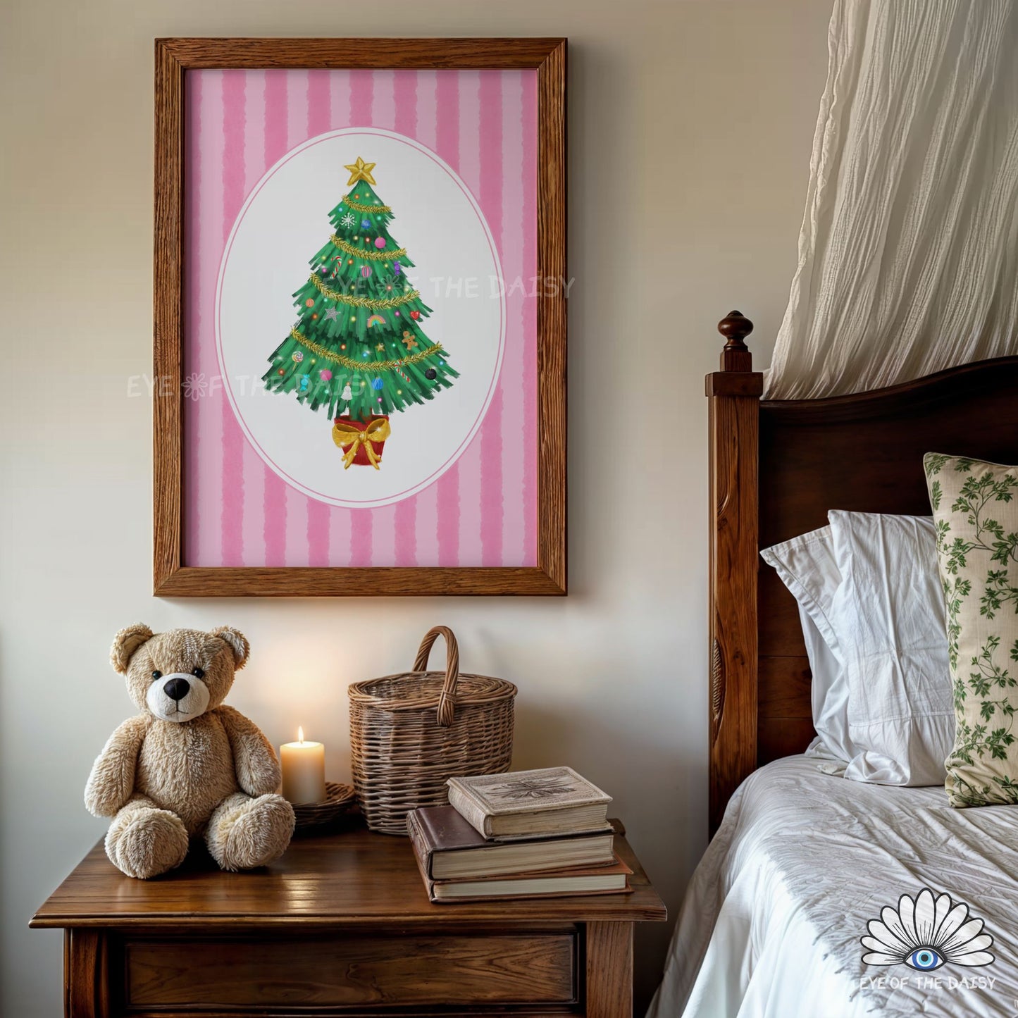 Striped Christmas Tree Print Digital Download | Pink Vintage Holiday Printable Wall Art