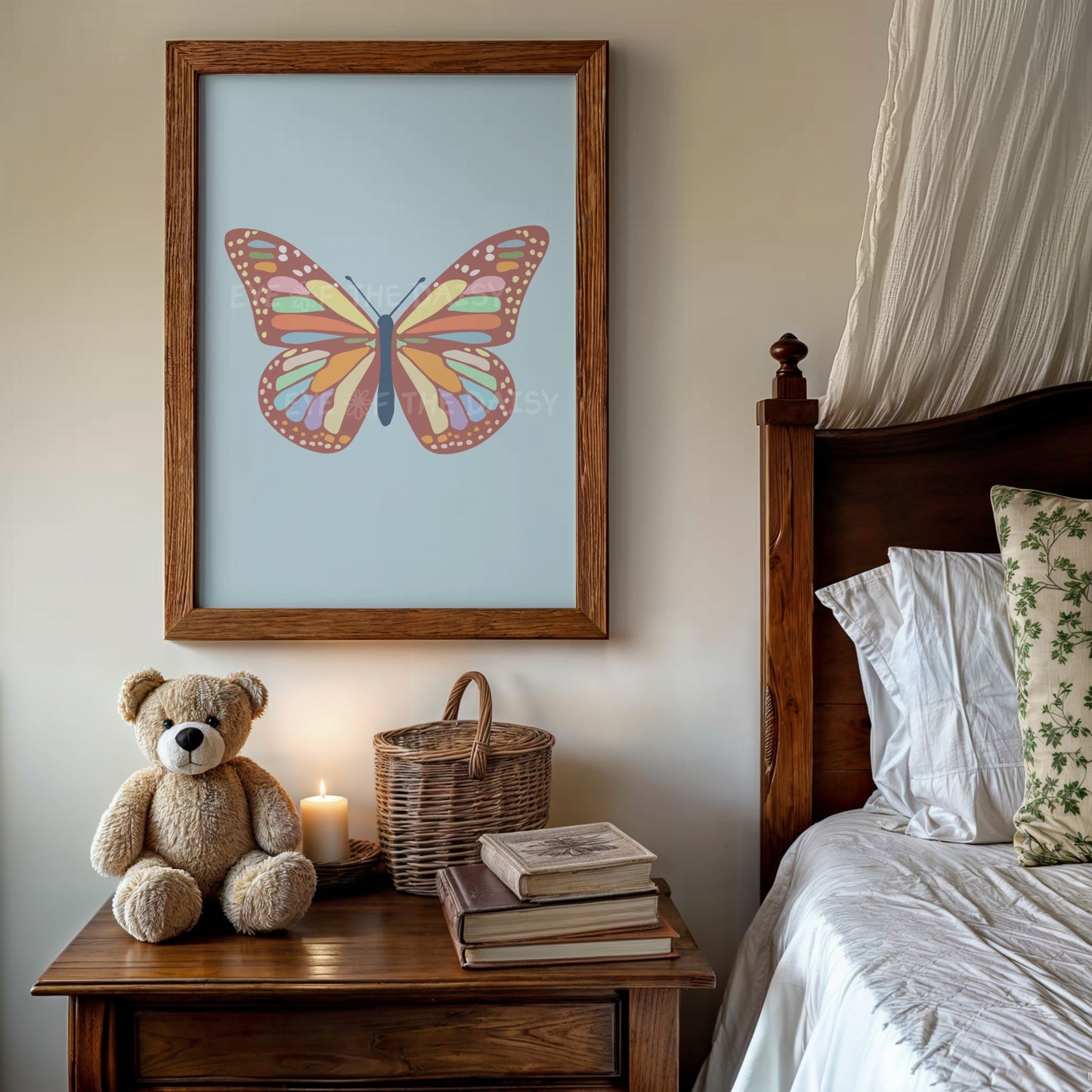 Modern bohobutterfly print displayed in a vintage cottagecore bedroom, perfect as DIY wall decor children's bedroom