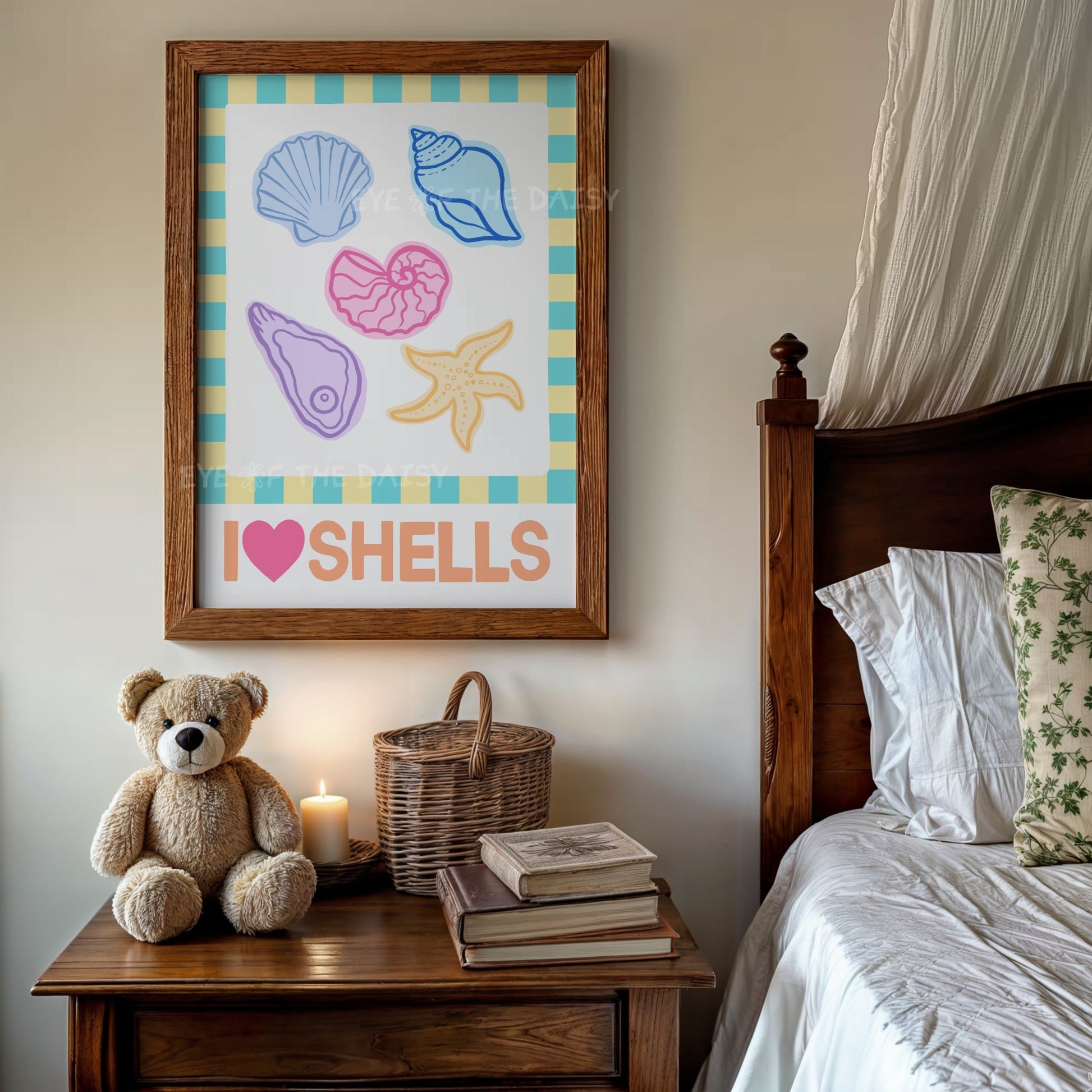 Cute I Love Shells wall print with colorful sea shell drawings – fun coastal printable for toddler girl's beach-themed bedroom decor