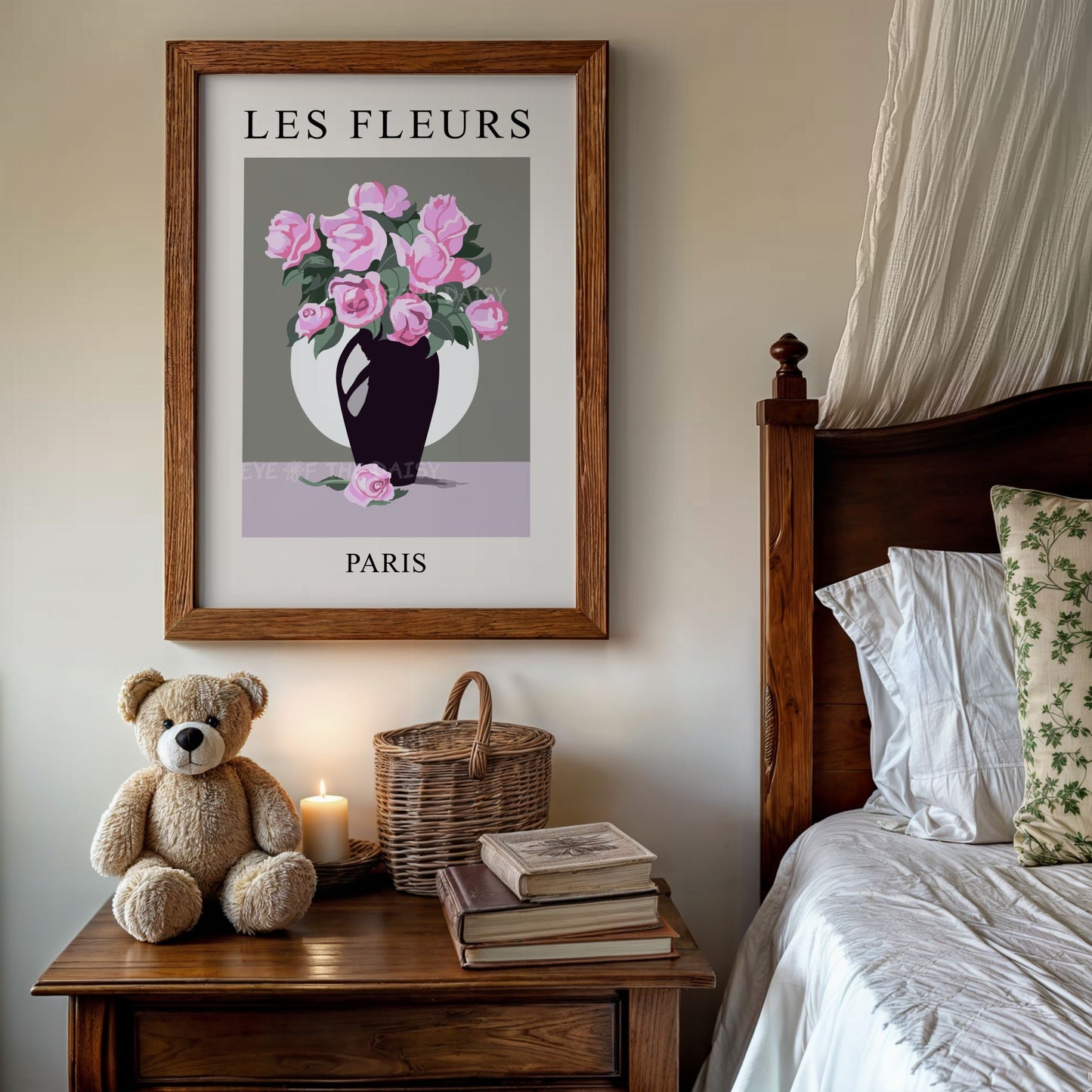 Printable Les Fleurs poster — pink rose bouquet in vase with vintage charm, ideal digital download for cozy bedrooms or reading nooks