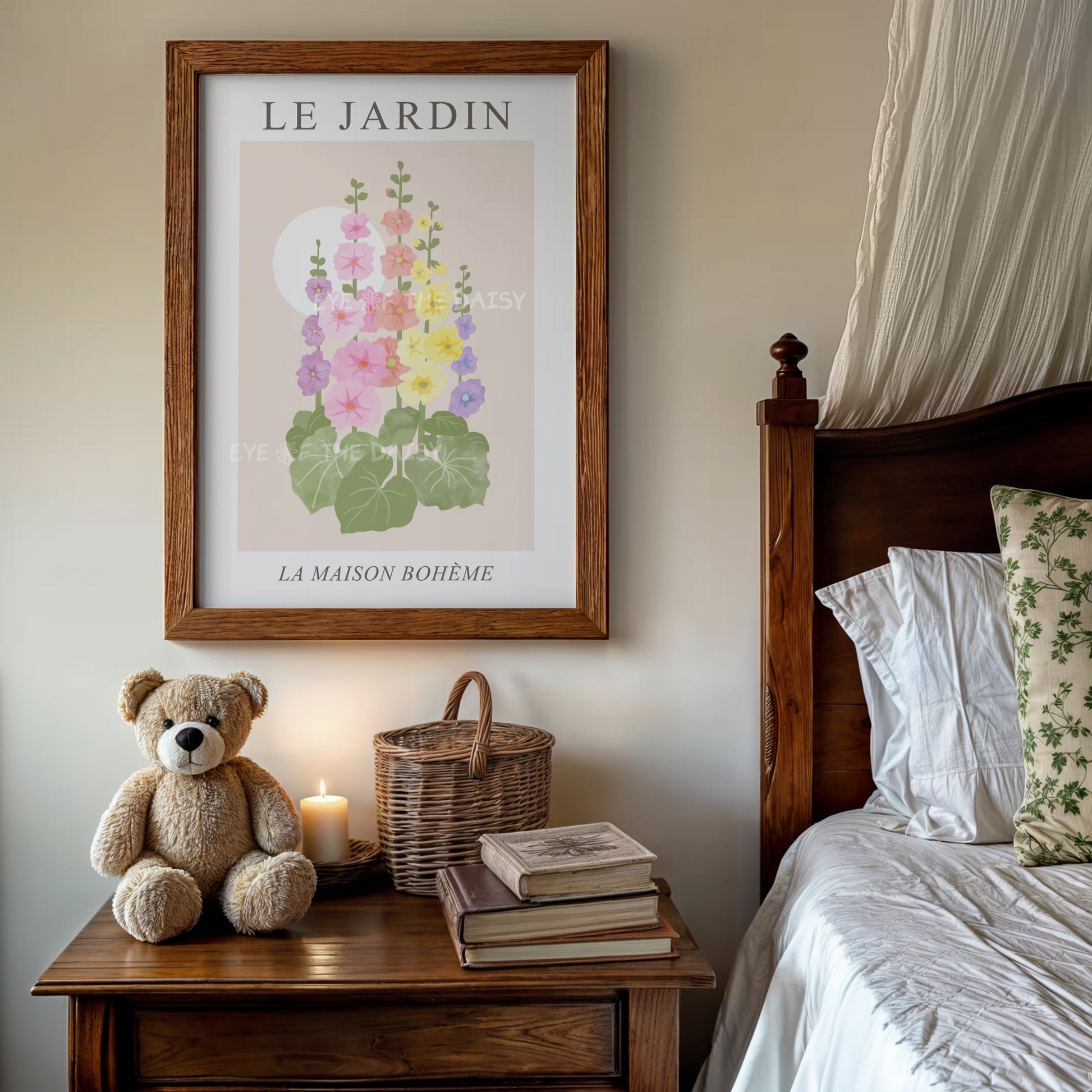 Printable pastel floral poster — Hollyhock flower digital download ideal for a nursery, vintage  bedrooms, or soft minimalist spaces