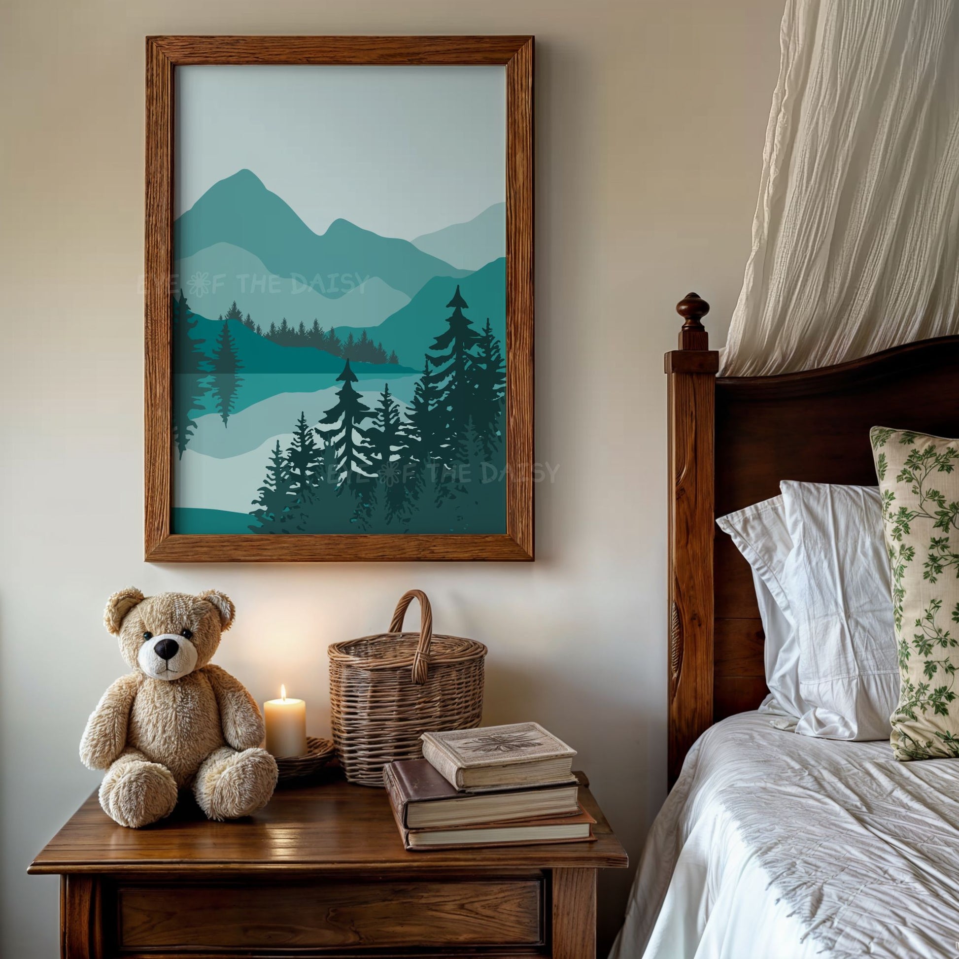 Minimal abstract mountain landscape poster in teal green colours, perfect for a vintage style bedroom