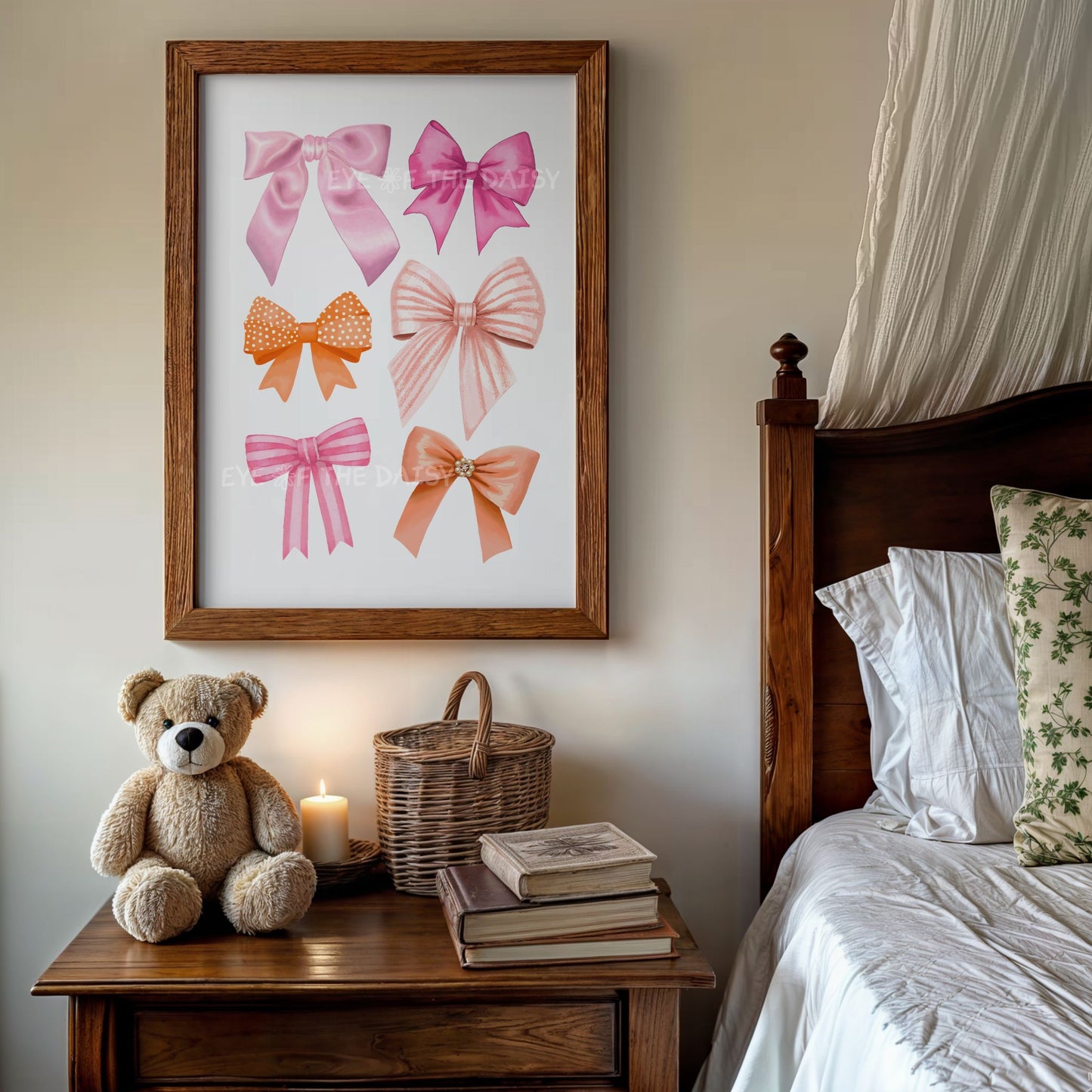 Framed trendy bows downloadable art  of watercolour illustrations of colorful pink & orange ribbons in a coquette bedroom