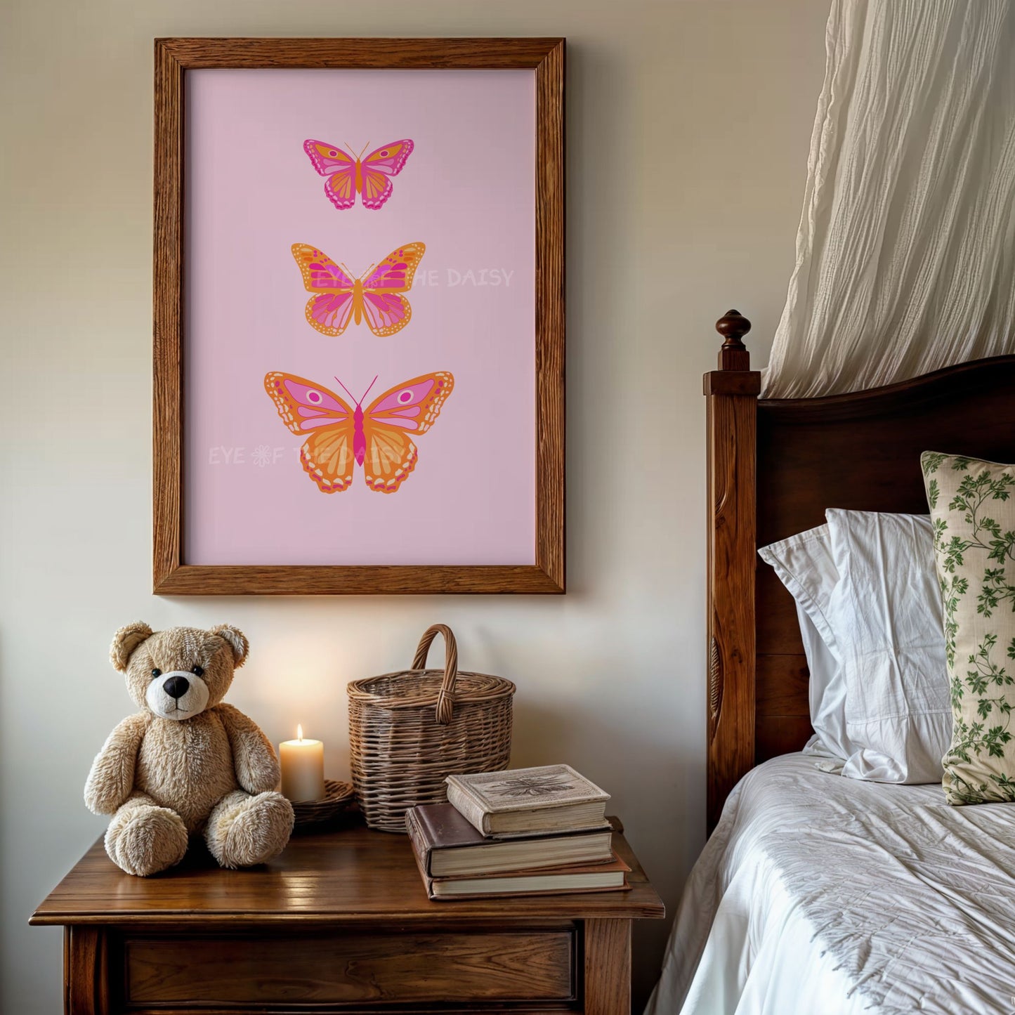 Retro coquette butterfly art in pink and orange, printable wall decor for teen room, college dorm or vintage-inspired living room