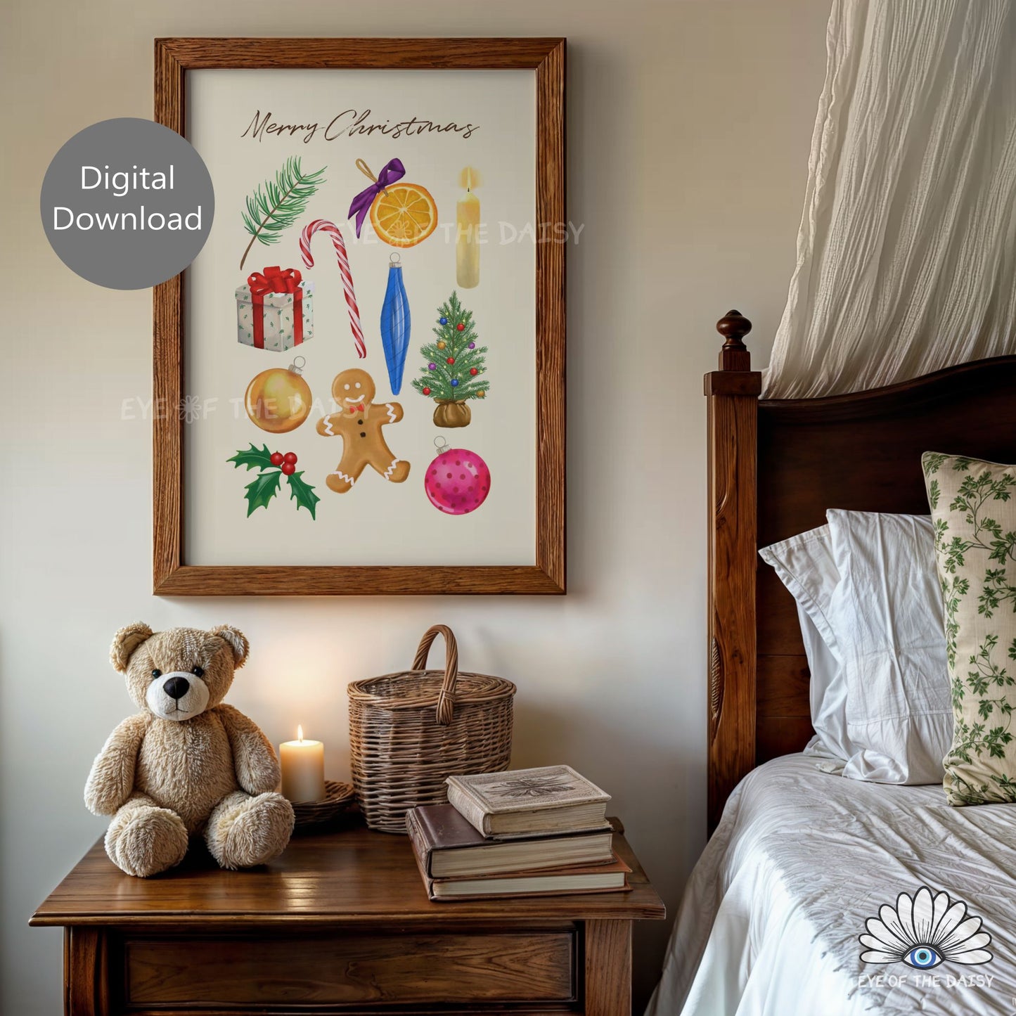 Christmas Watercolour Illustrations Print Download | Colourful Classic Holiday Printable Wall Art