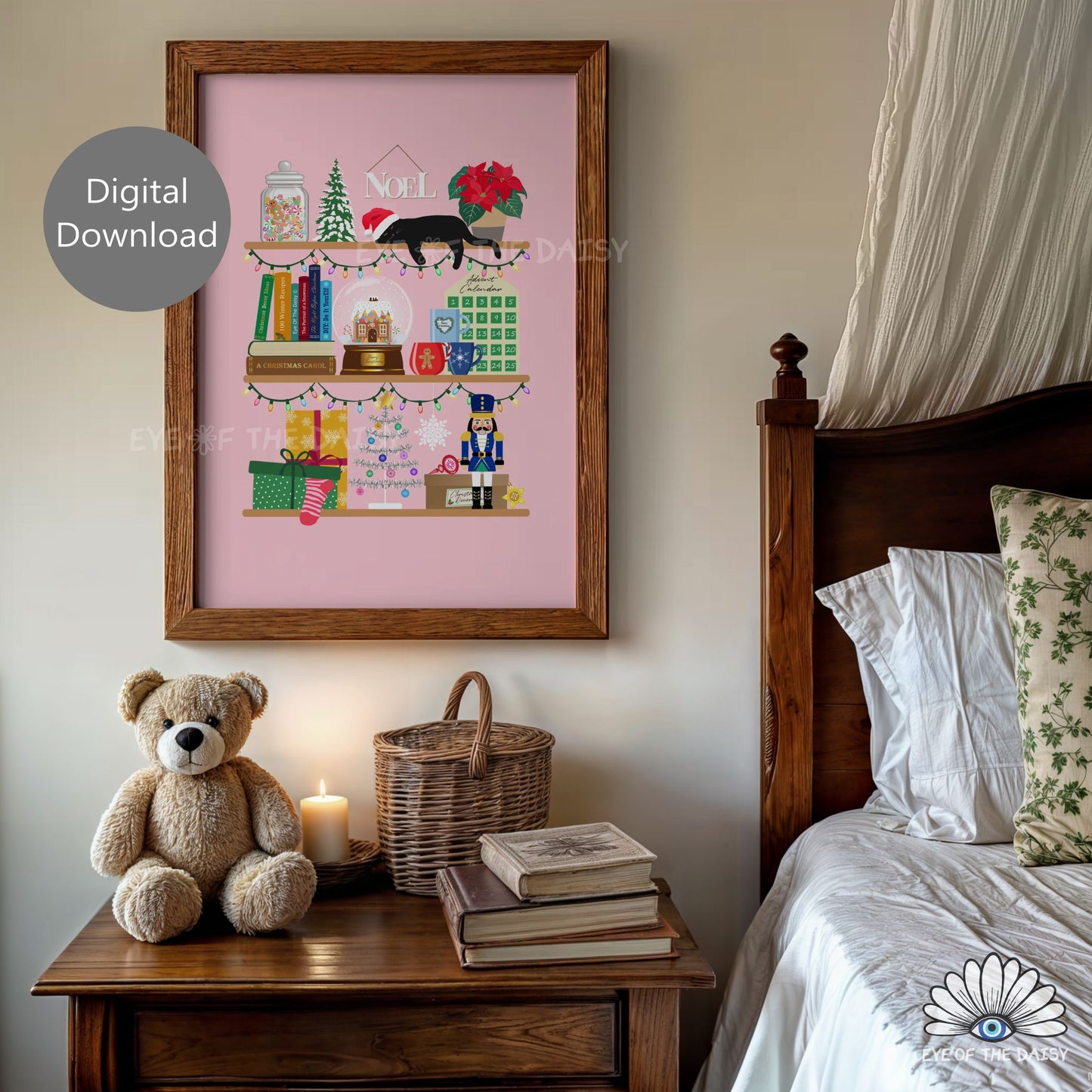 Pink Holiday Shelves Print Digital Download | Christmas Bookshelf Printable Wall Art