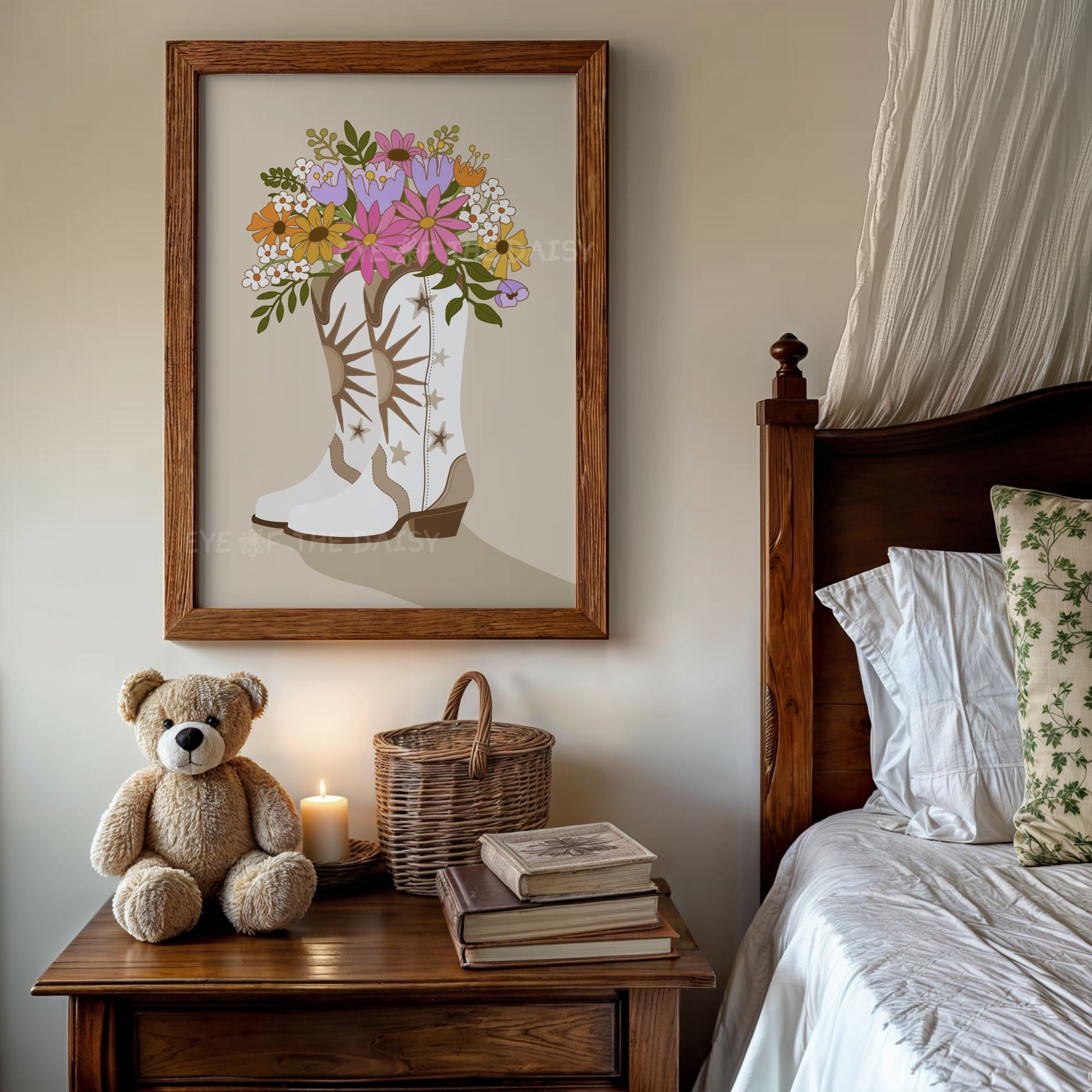 Coastal cowgirl wall art featuring white cowboy boots with florals, dopamine decor print download for dorm room or girl's beroom