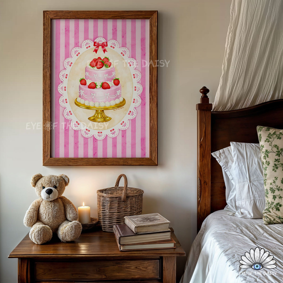 Girly dopamine wall art styled as a colorful strawberry cake print inside a coquette decor bedroom