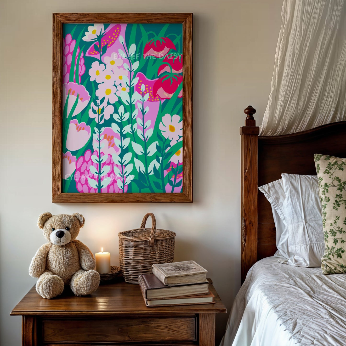 Colorful botanical wall art – abstract flower print download in pink and green, perfect for vintage bedroom wall styling
