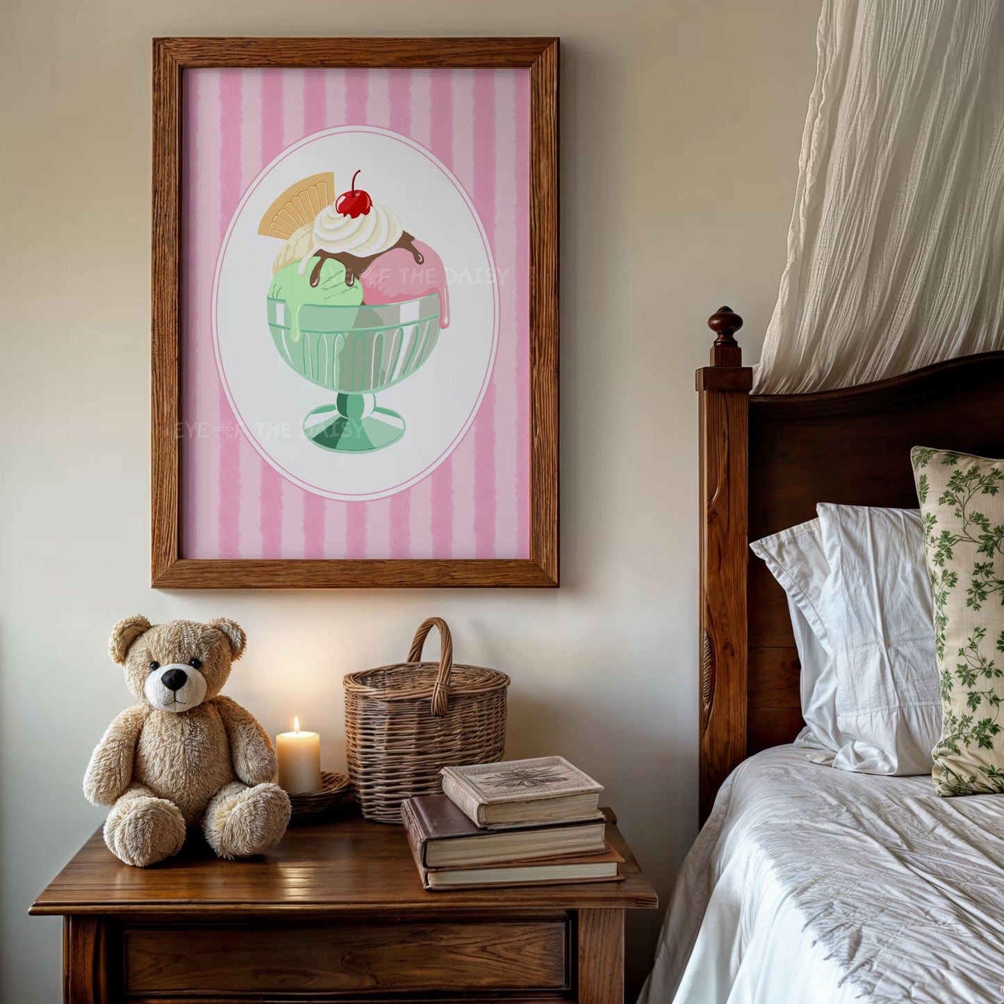 Vintage style hand drawn illustration of a cute ice cream sundae, perfect for a vintage or coquette style children's room