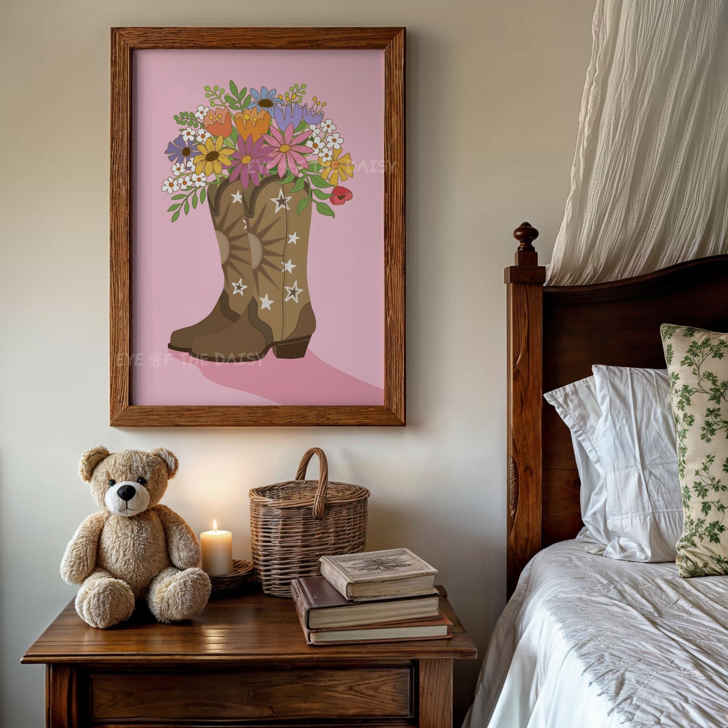 Pink and tan cowgirl boots with floral bouquet, dopamine decor printable wall art download for college dorm decor, or girls room gallery wall