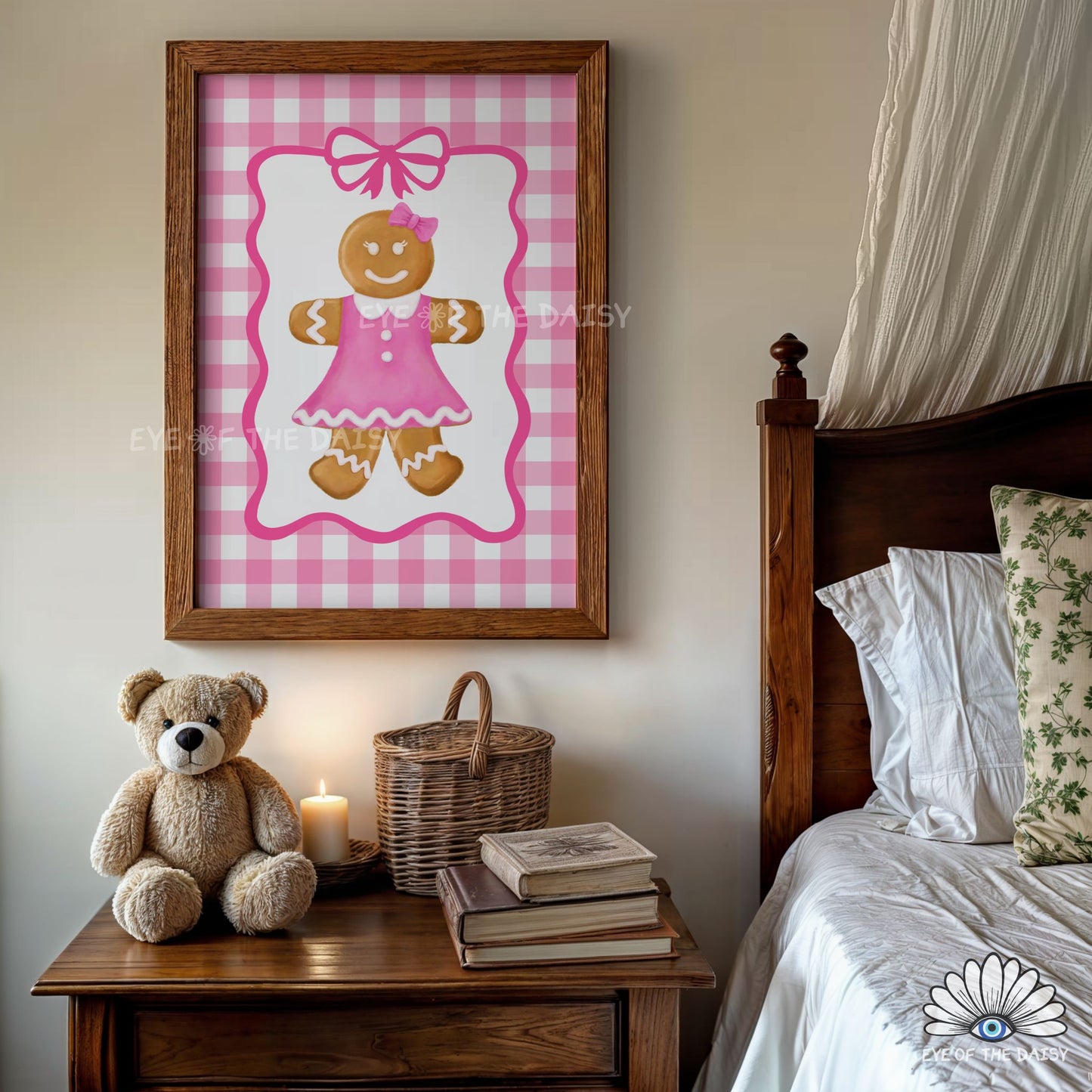 Cute Gingerbread Woman Print Digital Download | Coquette Pink Holiday Printable Wall Art