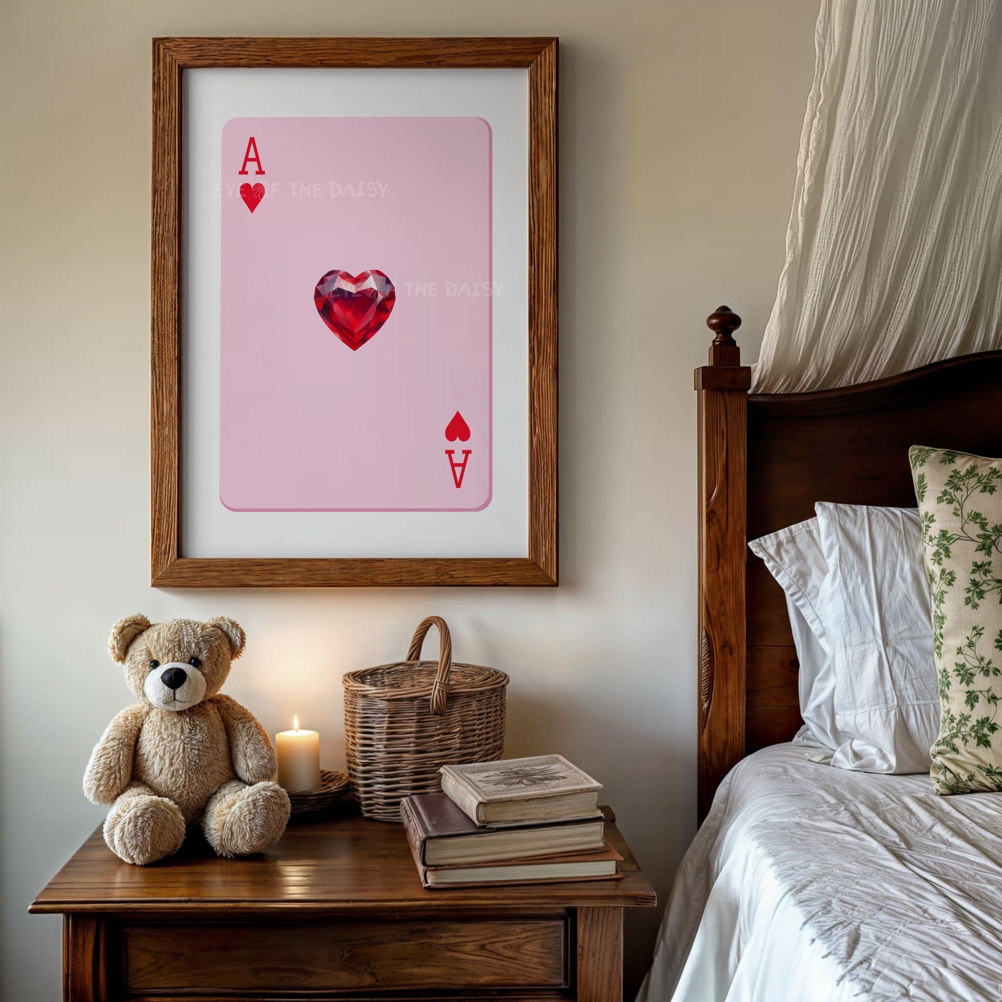Pretty Ace of Hearts poster printable — pink and red card-style art print digital download, ideal for feminine eclectic or coquette bedroom decor