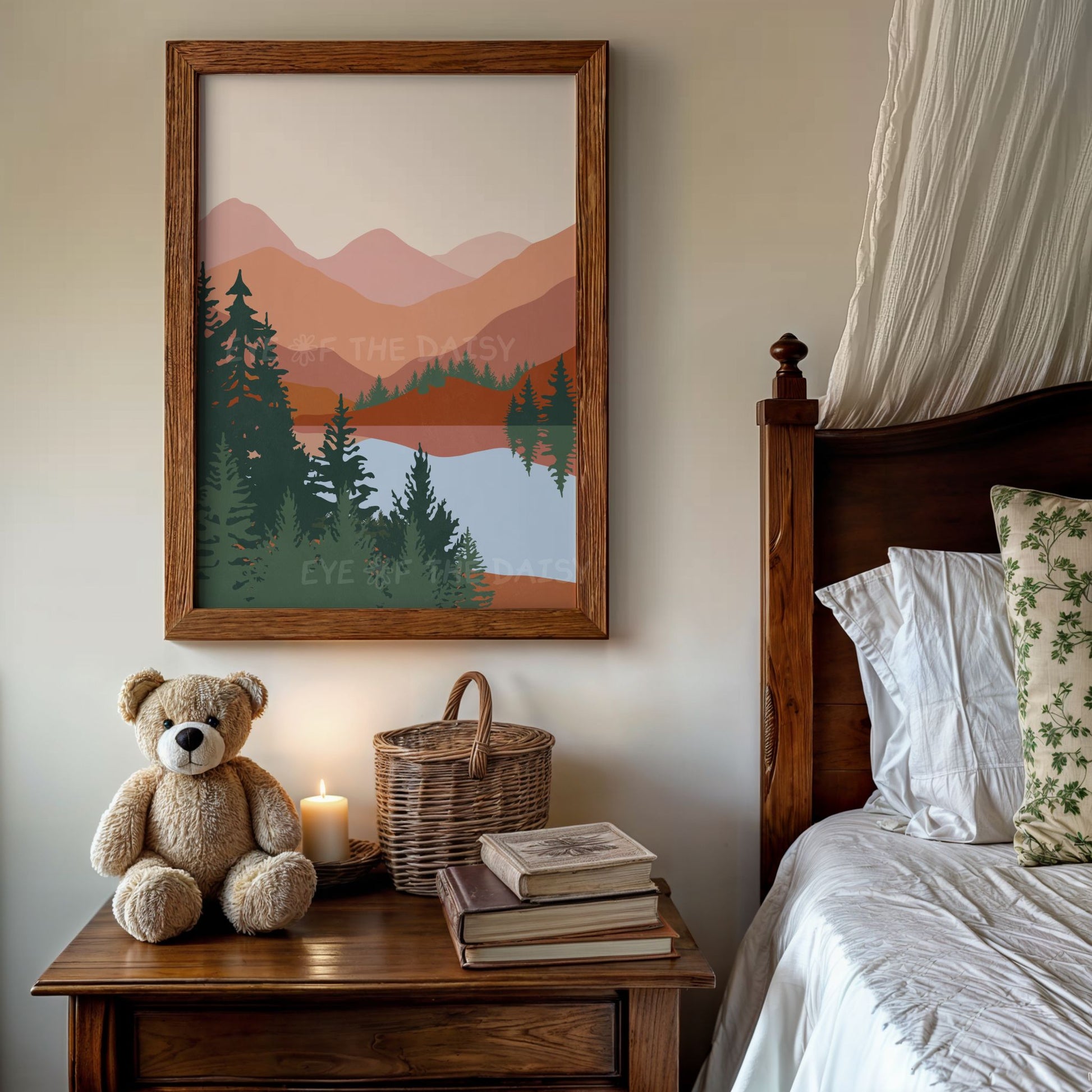 Mid century modern mountain landscape print in terracotta, beige, burnt orange and dark green tones, great for a vintage bedroom