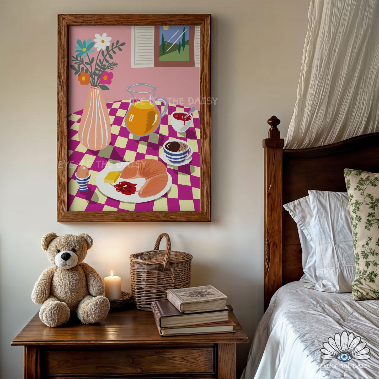 Breakfast Table Illustration Digital Print | Croissant Eggs Coffee Food Printable Wall Art