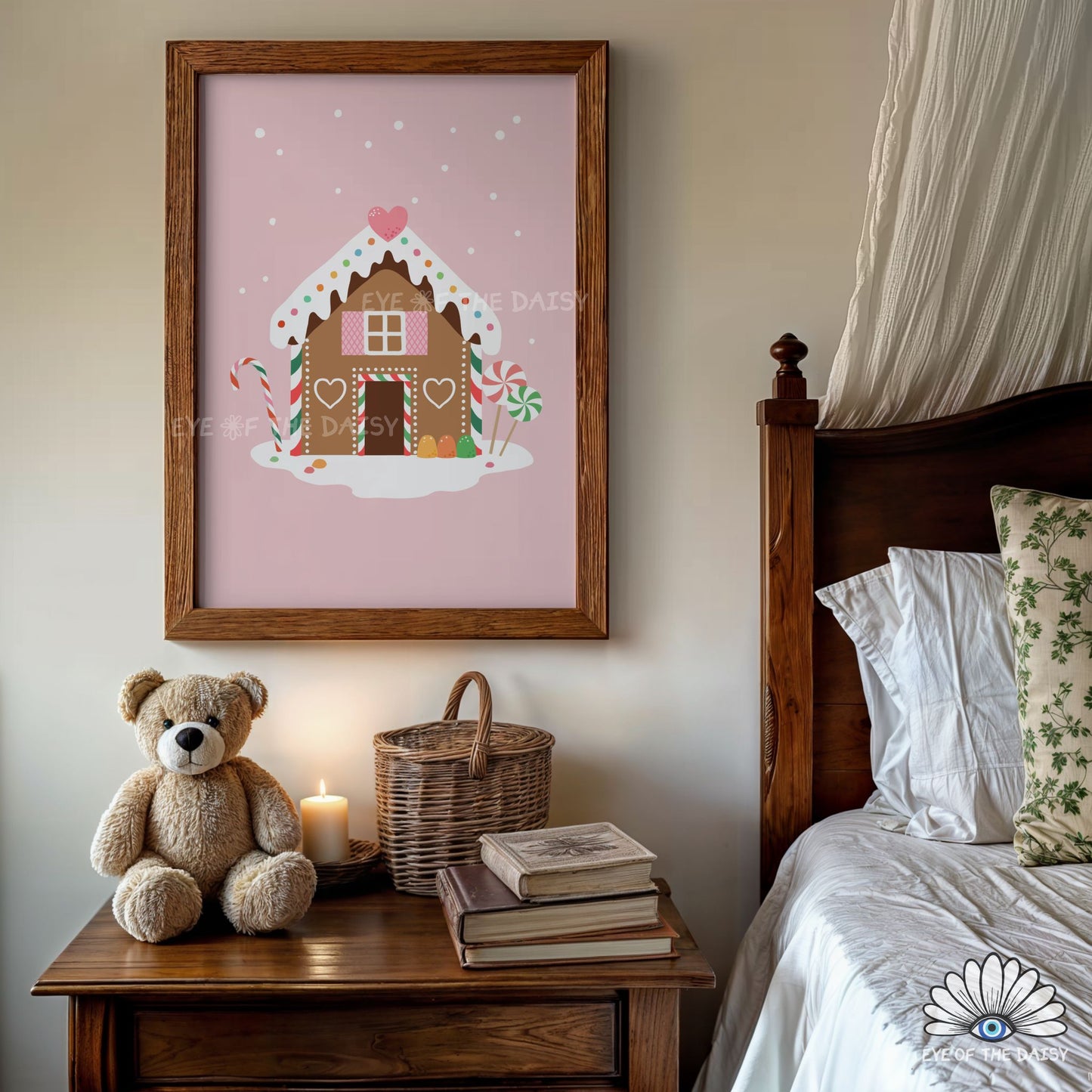 Christmas Gingerbread House Print Digital Download | Pink Holiday Printable Wall Art