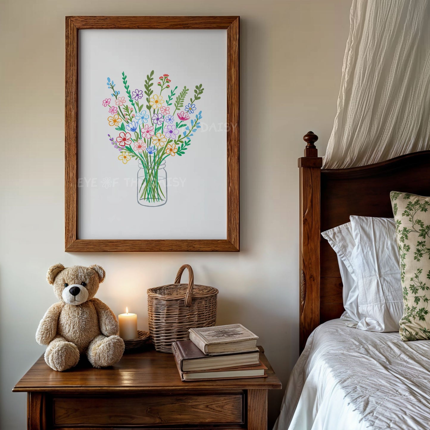 Bouquet of flowers in jar print, grandmillennial cottagecore style gallery wall print with cute minimal floral sketch