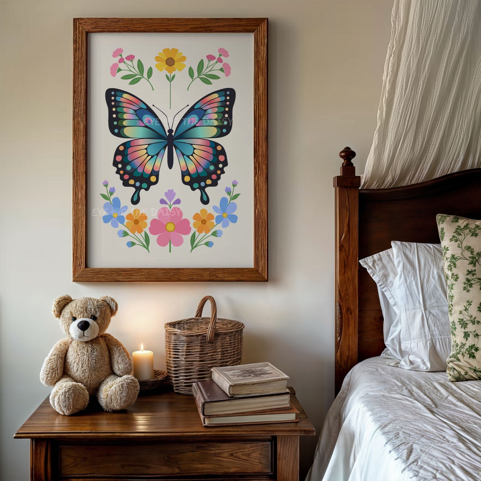 Vintage butterfly downloadable art print in a child's vintage coquette style bedroom