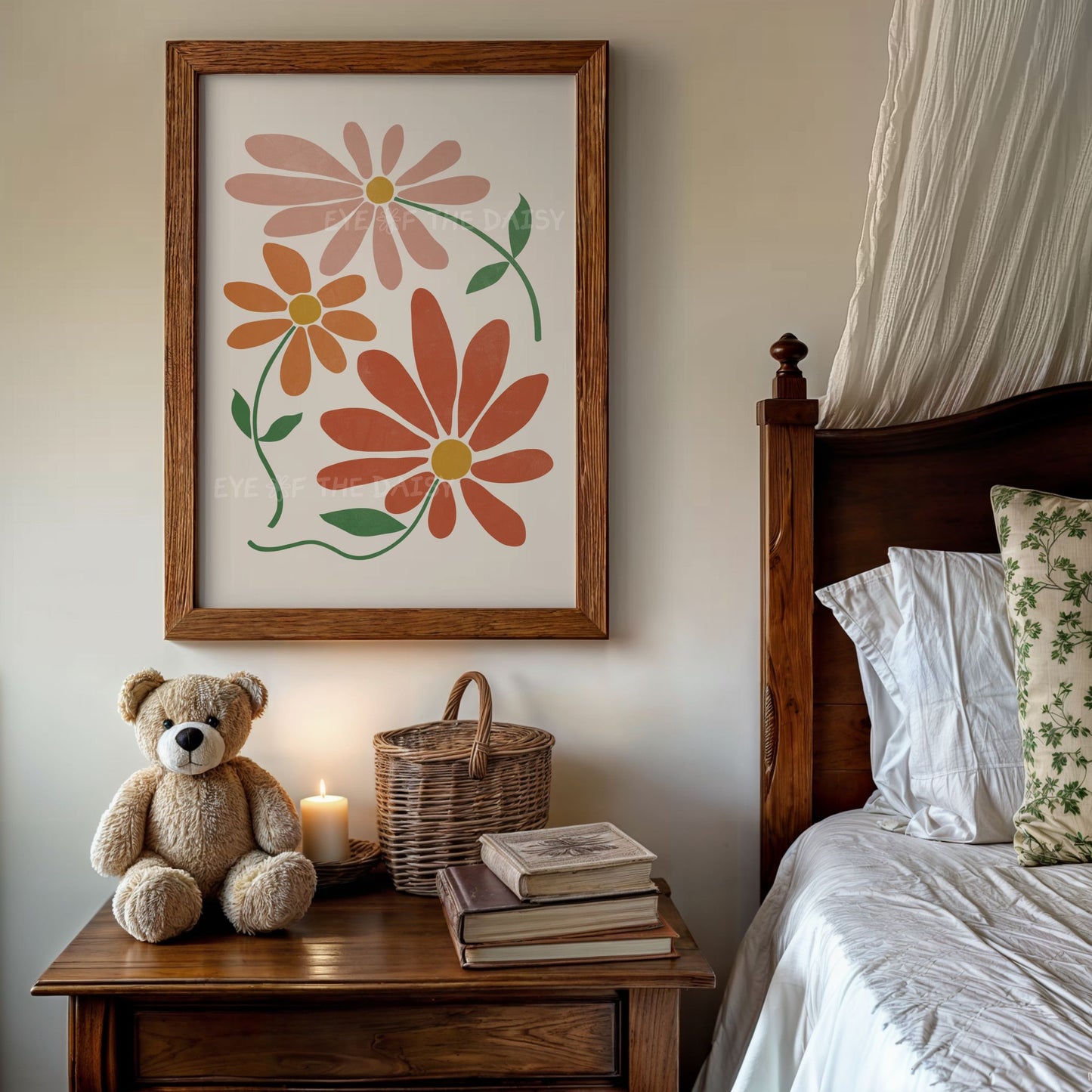 Boho floral printable wall art in rich earthy neutral colours, perfect for a cute vintage bedroom or boho dorm room